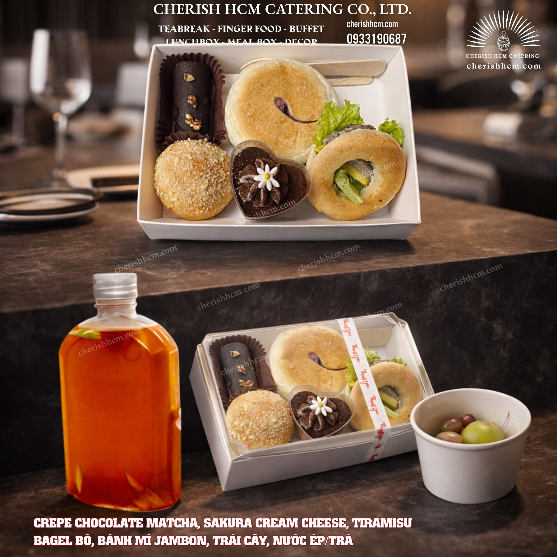 121125 Teabreak box Business 2 bánh mặn 3 bánh ngọt, Trái cây, Nước