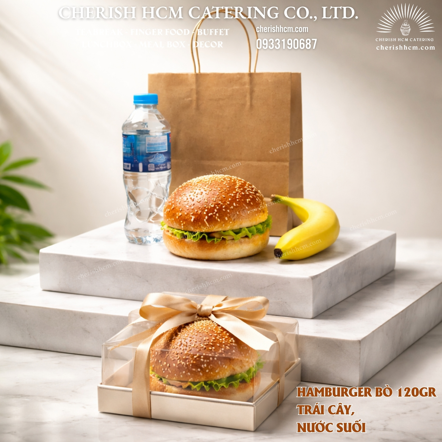 03624 Breakfast box Positive Hamburger bò phô mai, trái cây, nước suối