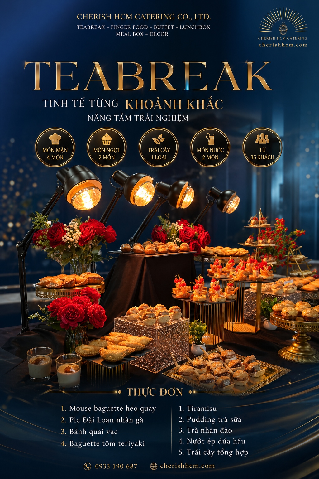 141025 Tiệc Teabreak Mystic - 4 món mặn, 2 món ngọt, Trái cây, 2 món nước - Phù hợp từ 35 khách