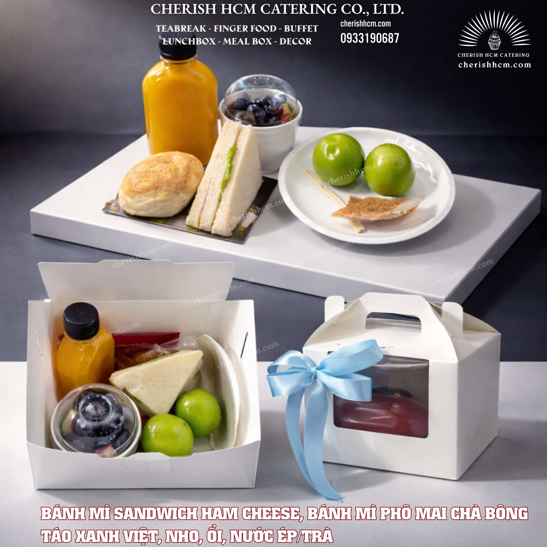 24624 Juicy Teabreak box 2 Bánh mặn, 2 Trái cây, Nước ép/Trà