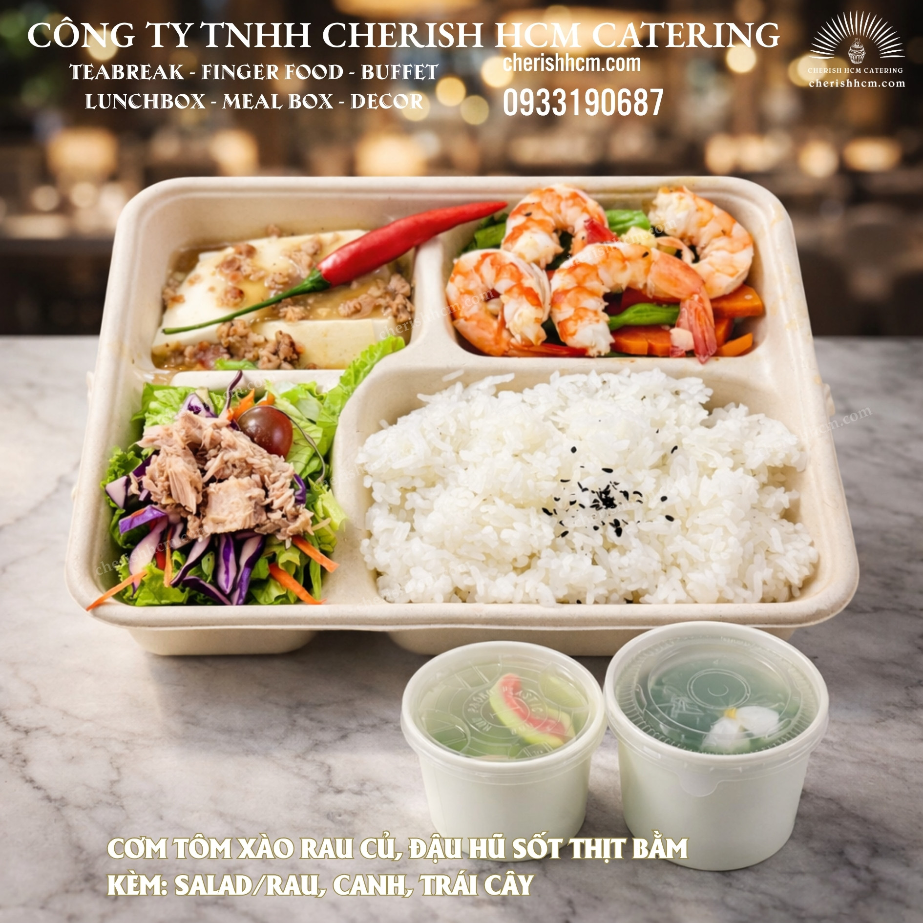 121225 Cơm tôm xào rau củ, đậu hũ sốt thịt bằm/ Steamed rice with stir-fried shrimp and seasonal vegetables and tofu with minced pork sauce