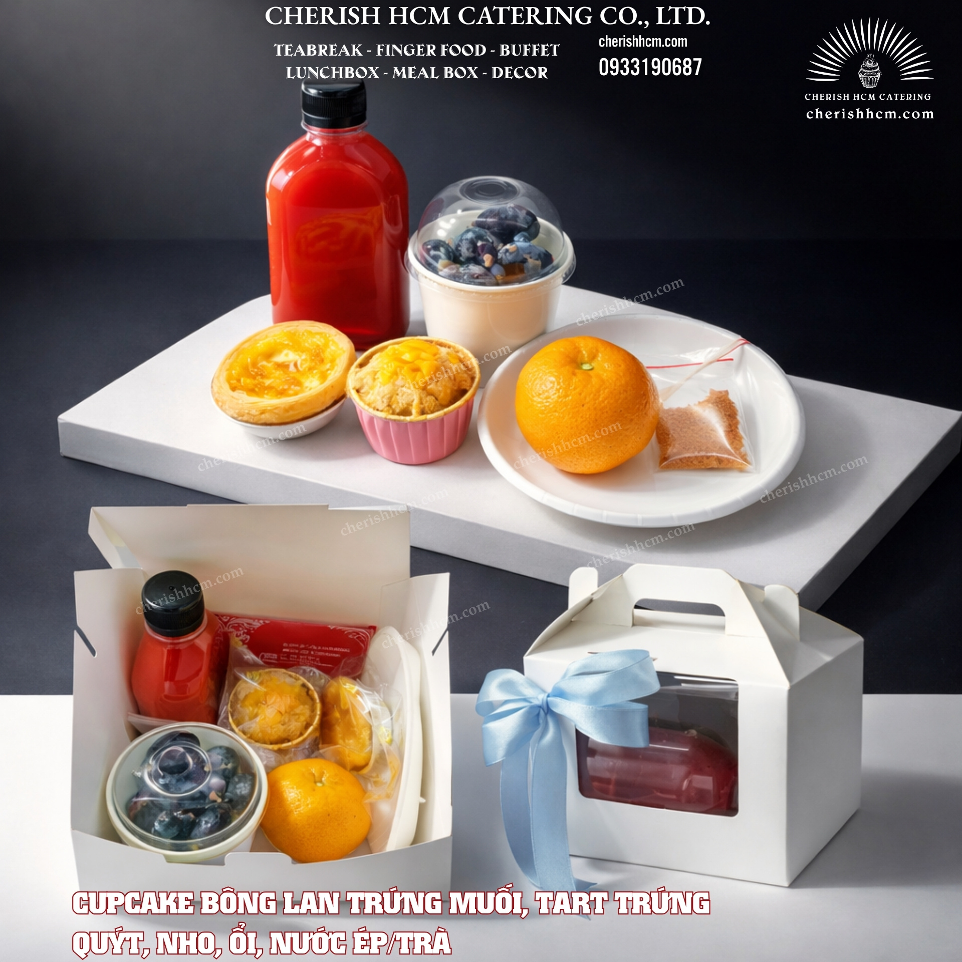 24624 Teabreak box Plump- 1 Bánh mặn, 1 Bánh ngọt, 2 Trái cây, Nước ép/Trà