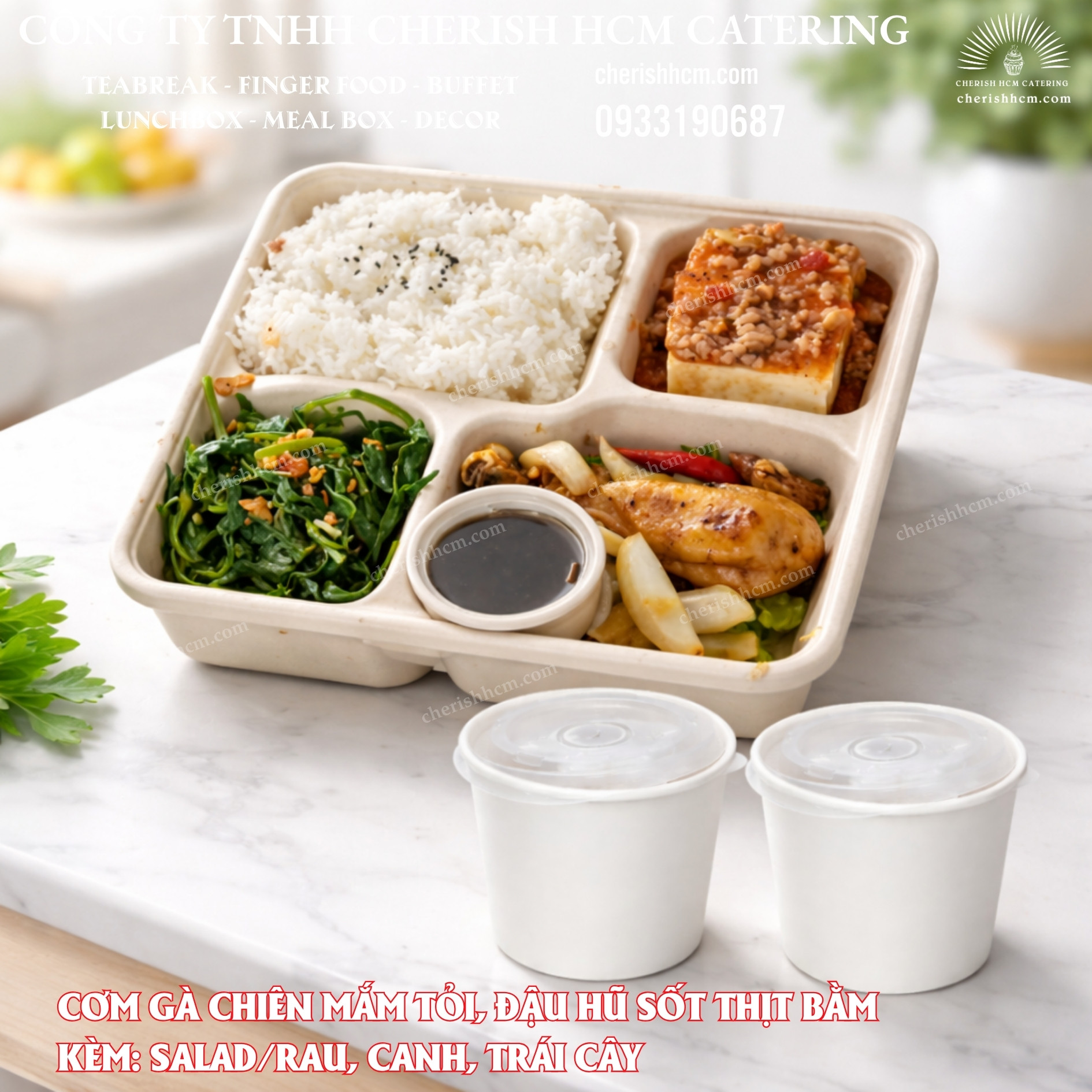 31725 Lunch box - Cơm Gà chiên mắm tỏi, đậu hũ sốt thịt bằm/Fried Chicken with Garlic Fish Sauce, Braised Tofu with Pork & Rice