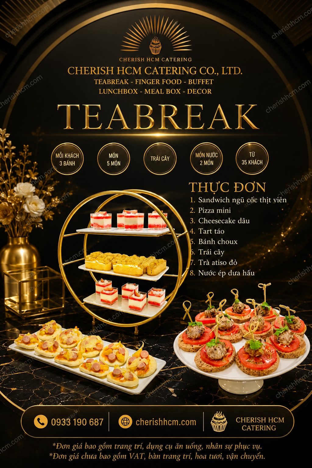 150124 Tiệc Teabreak Plus - Thực đơn 5 món bánh, Trái cây, 2 món nước phù hợp từ 35 khách