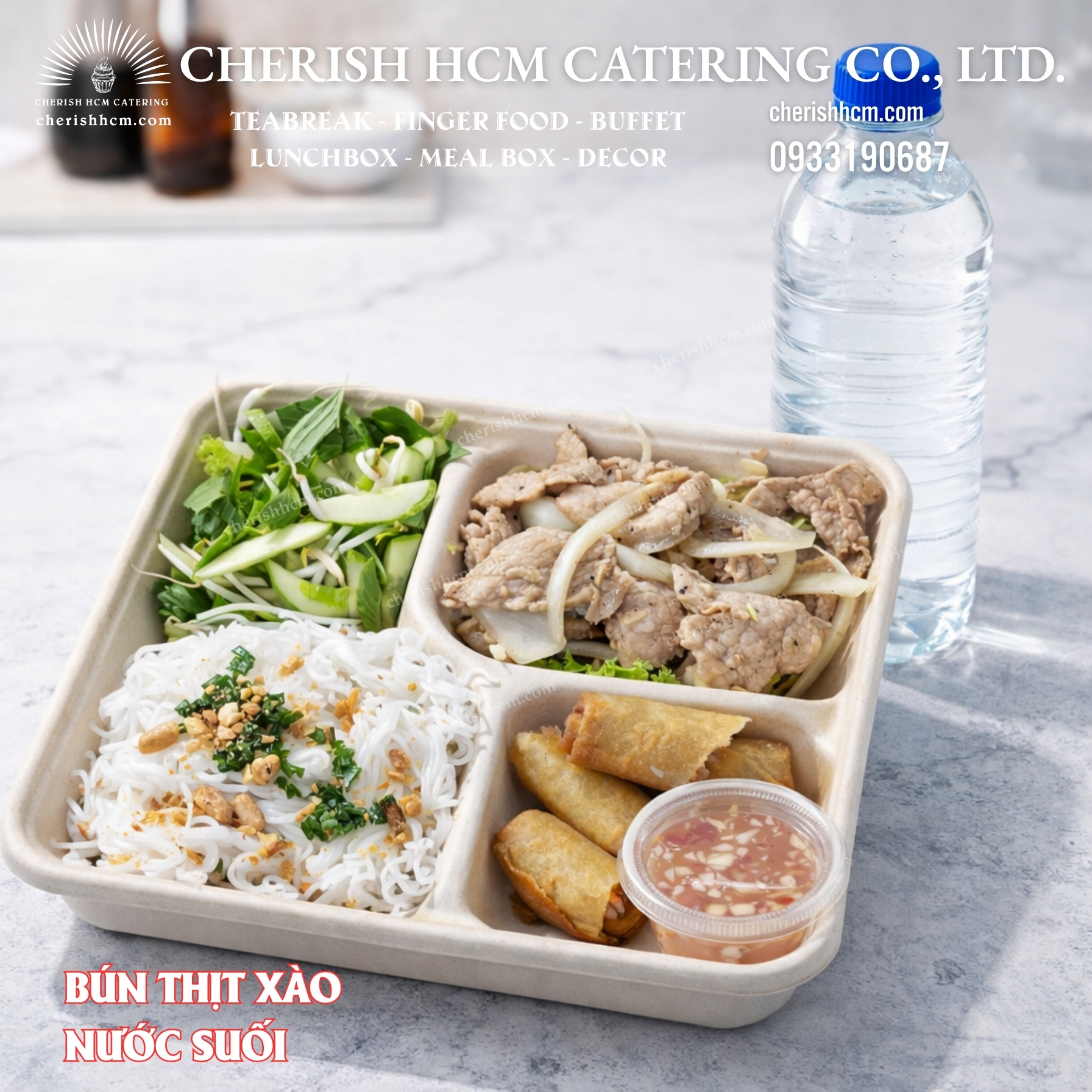 260226 Bún thịt xào, chả giò, nước suối