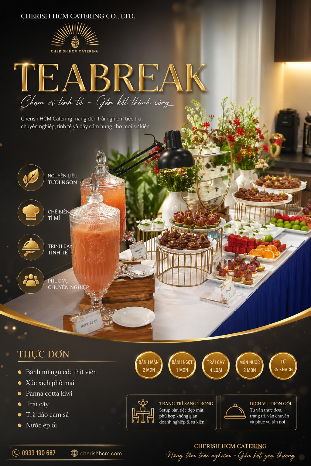 20426 Tiệc Teabreak Plus 2 bánh mặn, 1 bánh ngọt, Trái cây, 2 nước - Phù hợp từ 35 khách