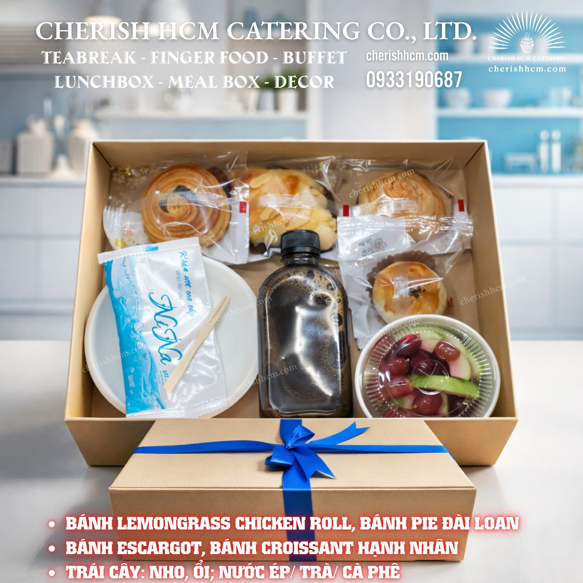 Box bánh, nước, trái cây