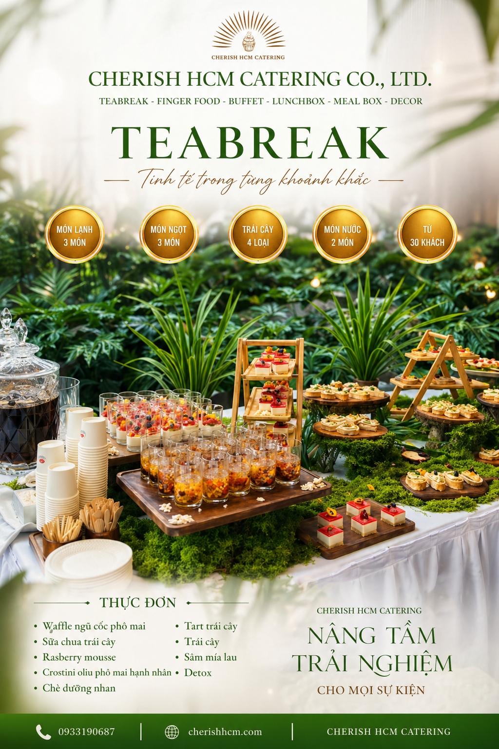 21326 Tiệc Teabreak Green Healthy - Thực đơn 6 món, Trái cây, Nước - Phù hợp từ 30 khách