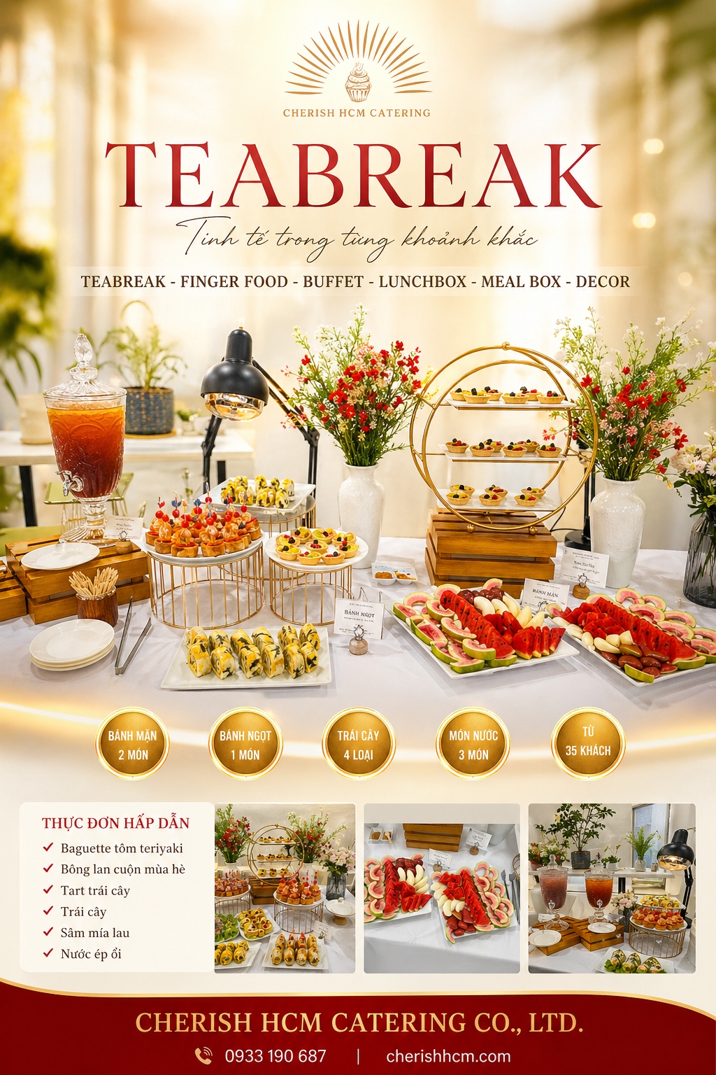 21426 Tiệc Teabreak Lush - 2 bánh mặn, 1 bánh ngọt, Trái cây, 3 món nước -  Phù hợp từ 35 khách