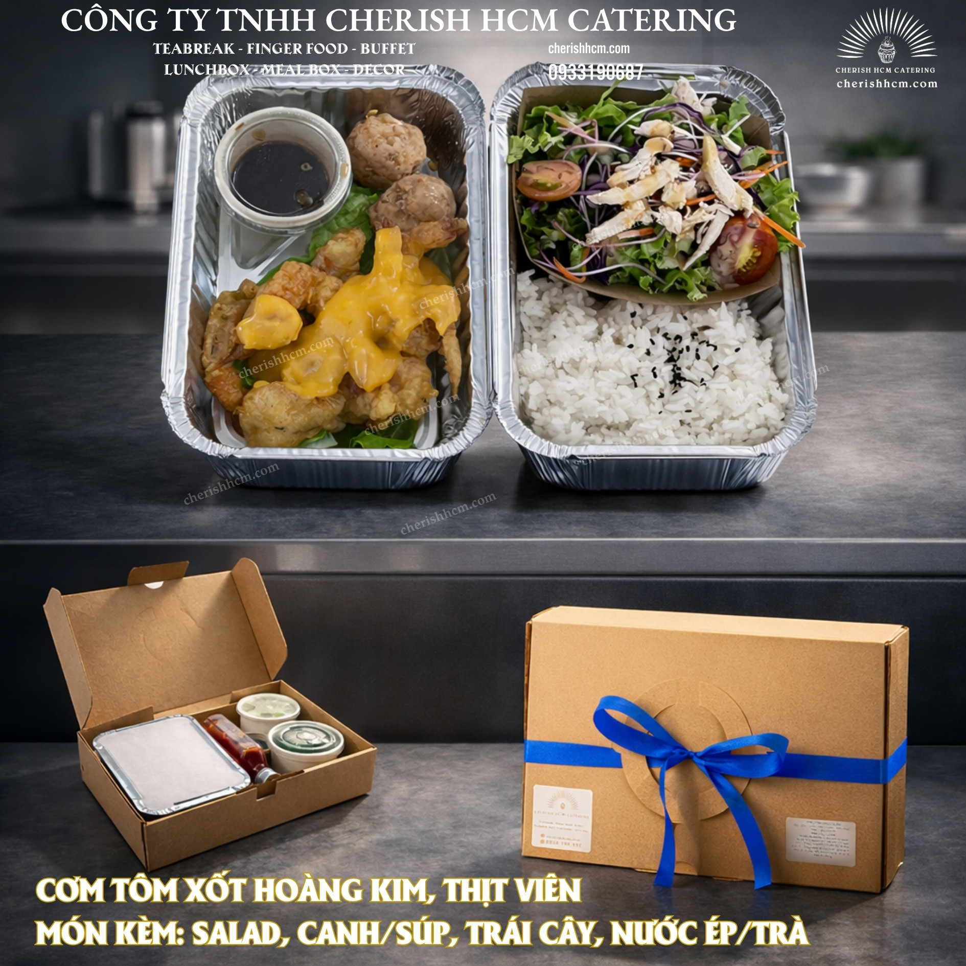 27925 Set Lunch Serene Cơm, Tôm xốt hoàng kim, Thịt viên trứng cút/Steamed Rice, Golden Sauce Prawns, Meatballs with Quail Eggs