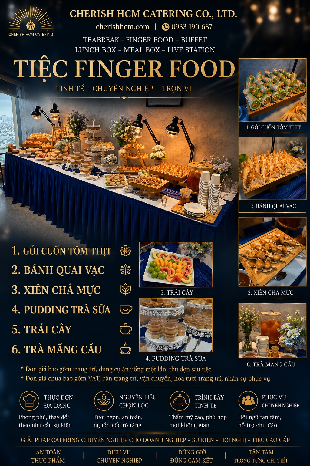 29726 Tiệc Finger food 3 món mặn, 1 món ngọt, Trái cây, Nước