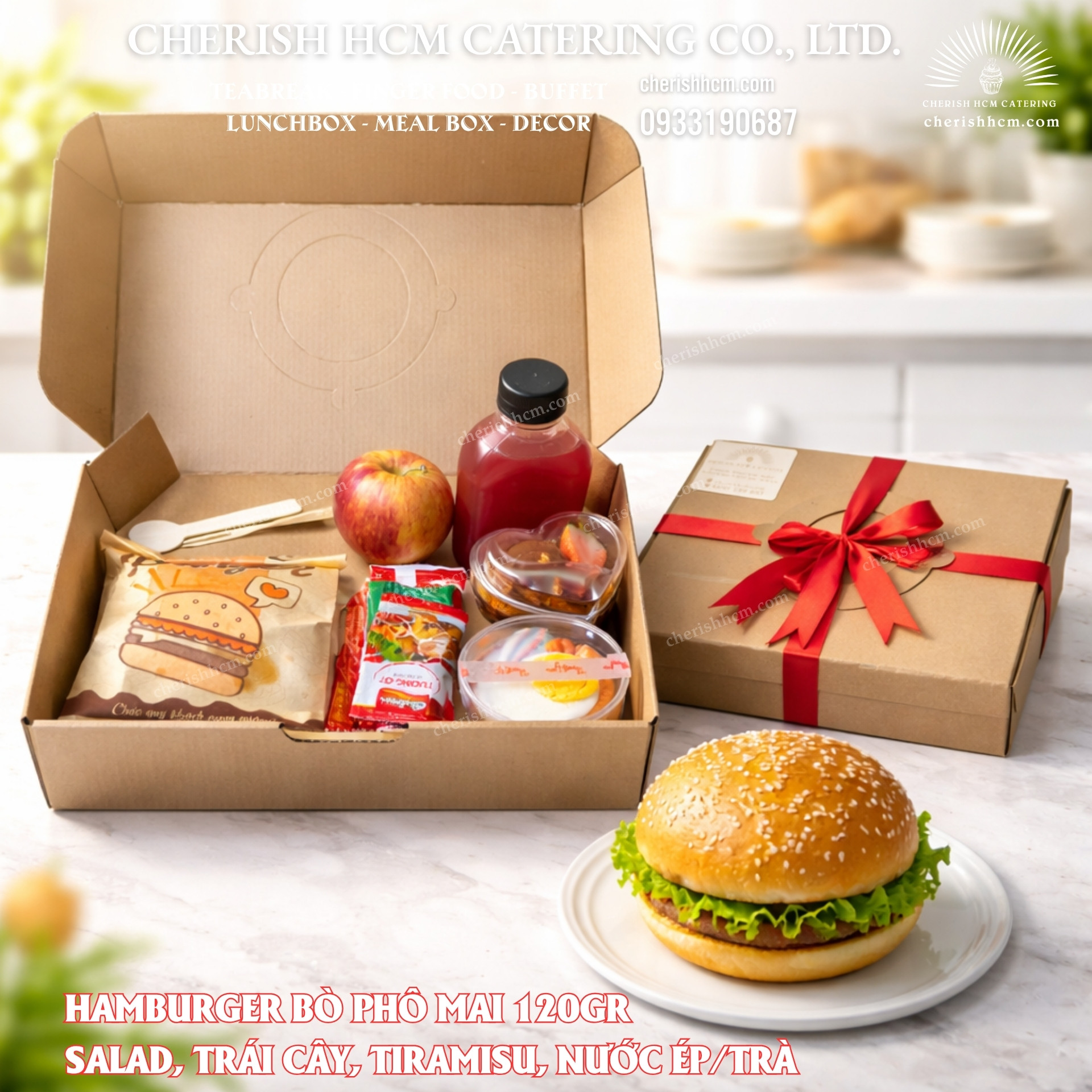 150126 Lunch Box Archer Hamburger bò phô mai 120gr, Salad, Tiramisu, Trái cây, Nước ép/ Trà