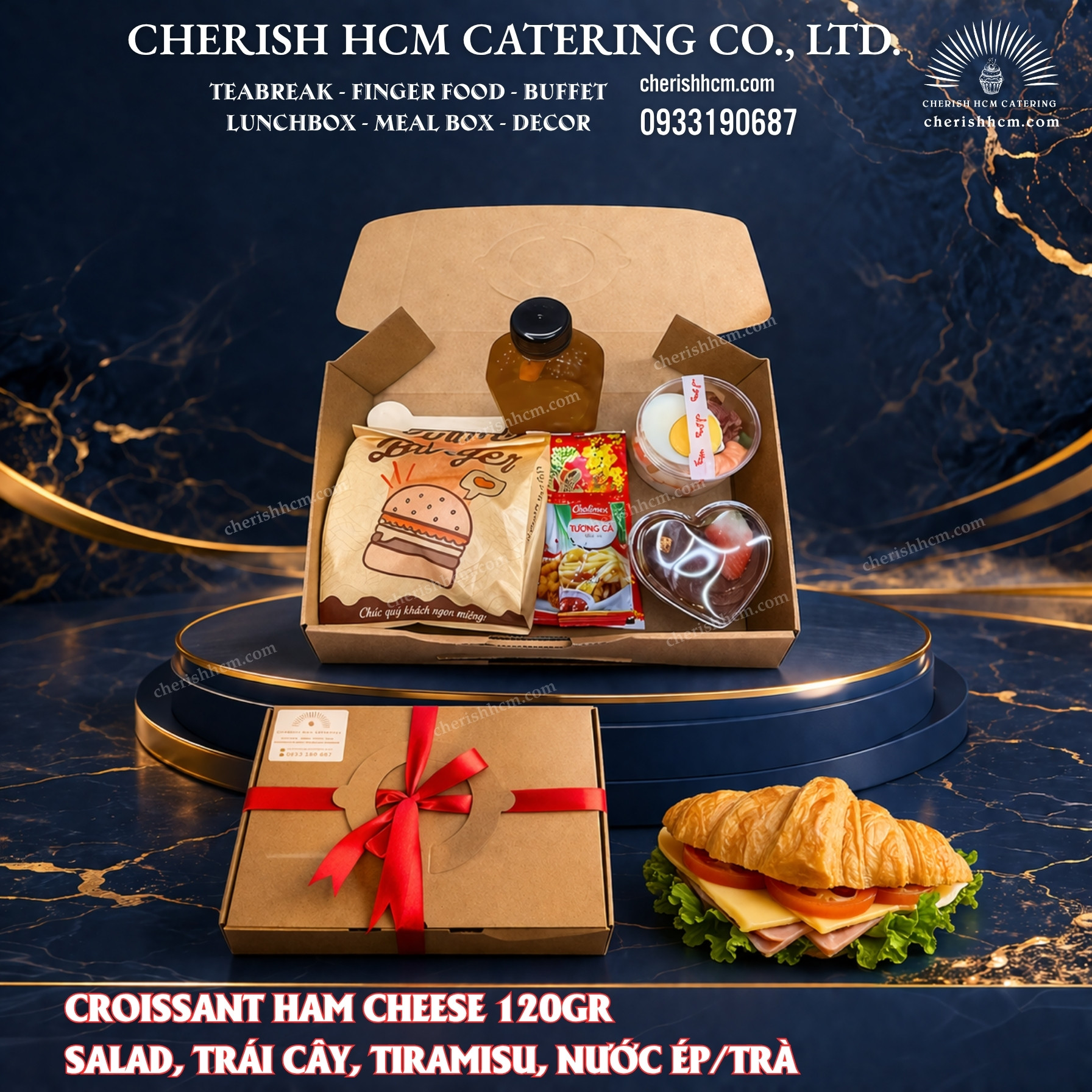 150126 Set Lunch Satisfying Croissant ham cheese 120gr, Salad, Tiramisu, Trái cây, Nước ép/ Trà