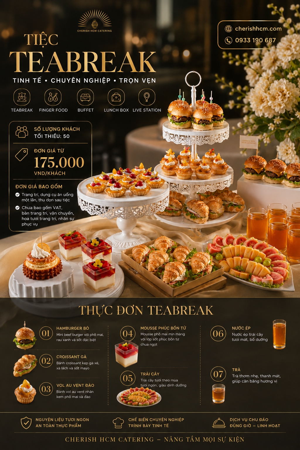 28726 Teabreak 2 bánh mặn, 2 bánh ngọt, Trái cây, 2 món nước - Phù hợp từ 50 khách