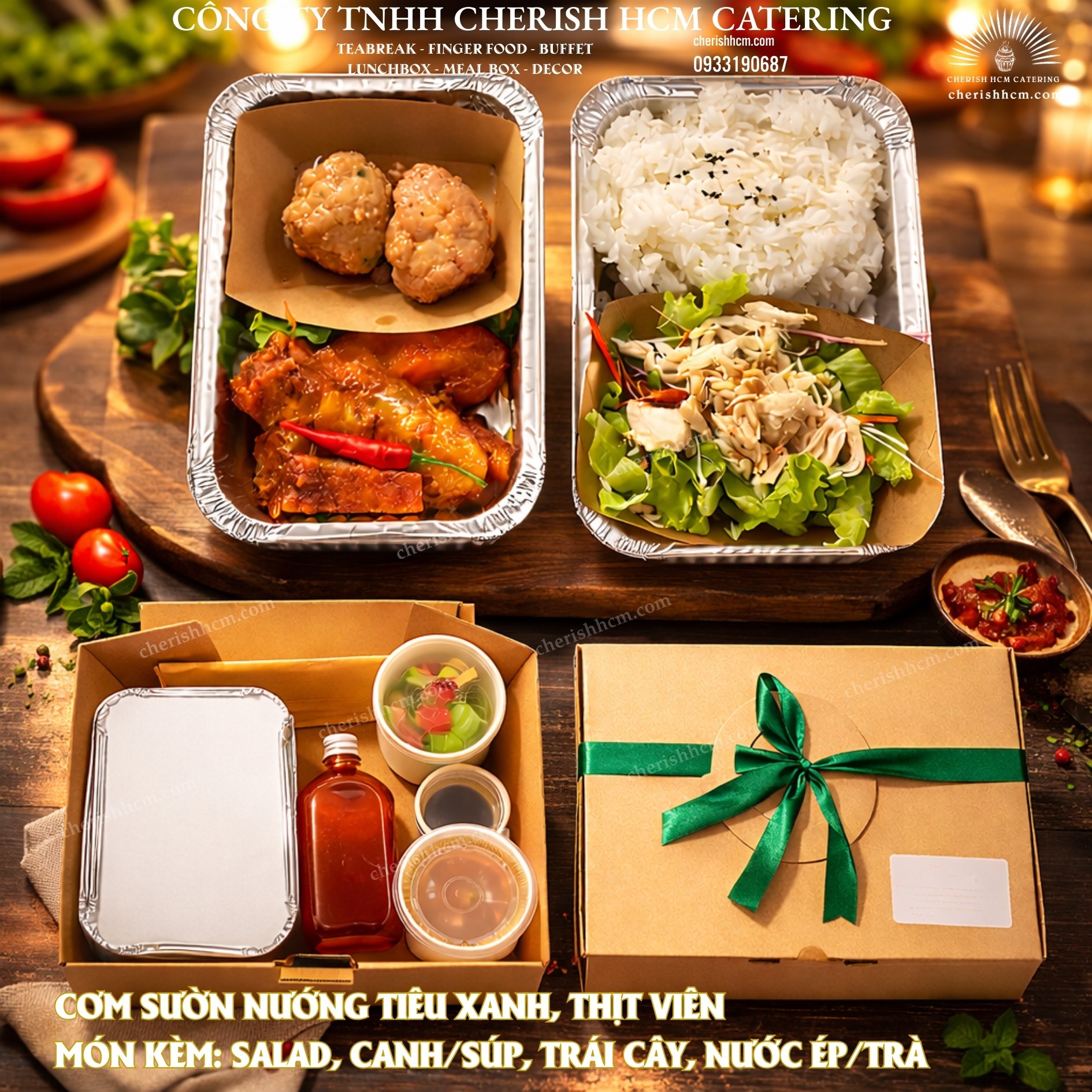 241025 Lunch box - Cơm Sườn nướng sốt tiêu xanh, thịt viên/ Rice with grilled pork ribs in green pepper sauce and meatballs