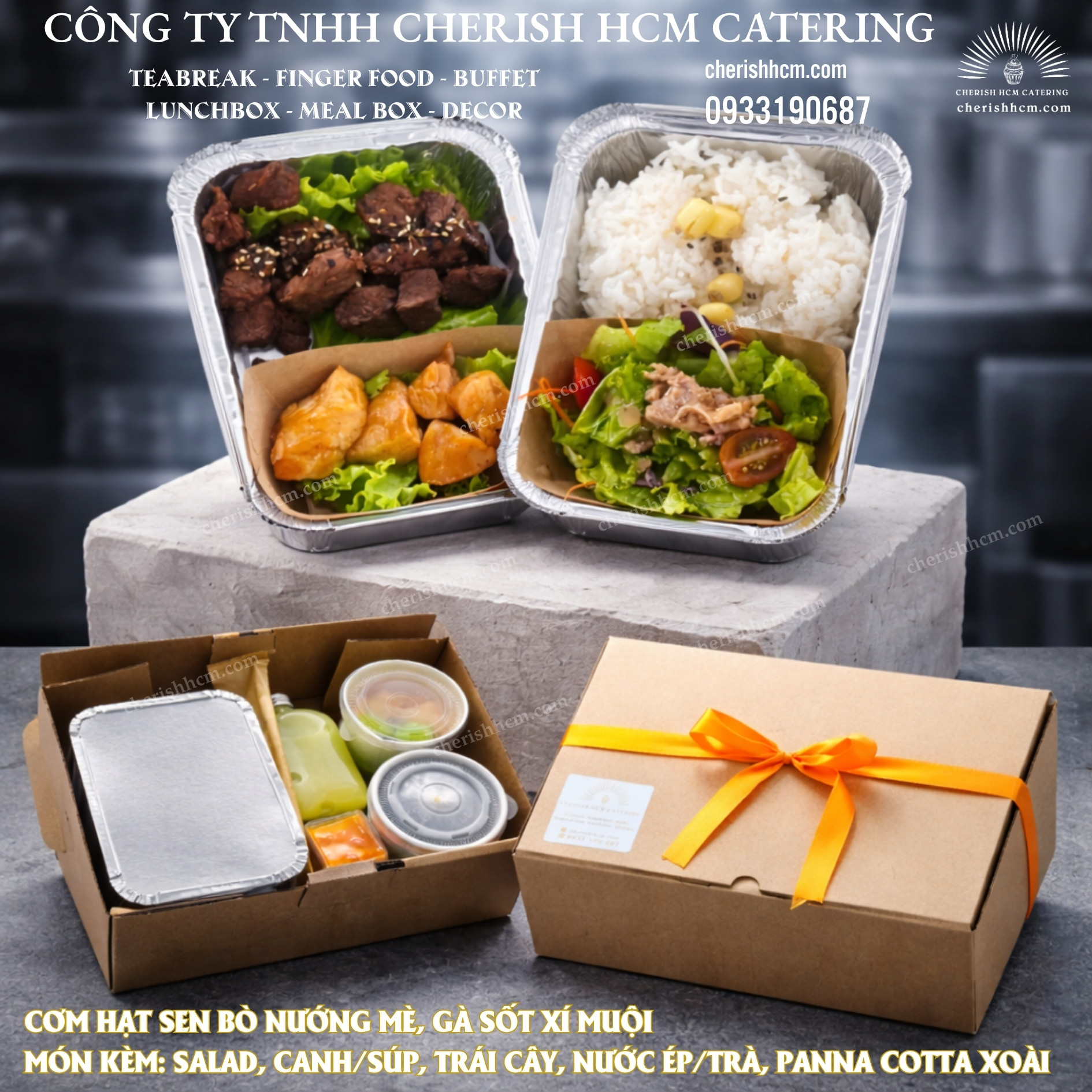 28825 Cơm hạt sen bò nướng mè, gà sốt xí muội