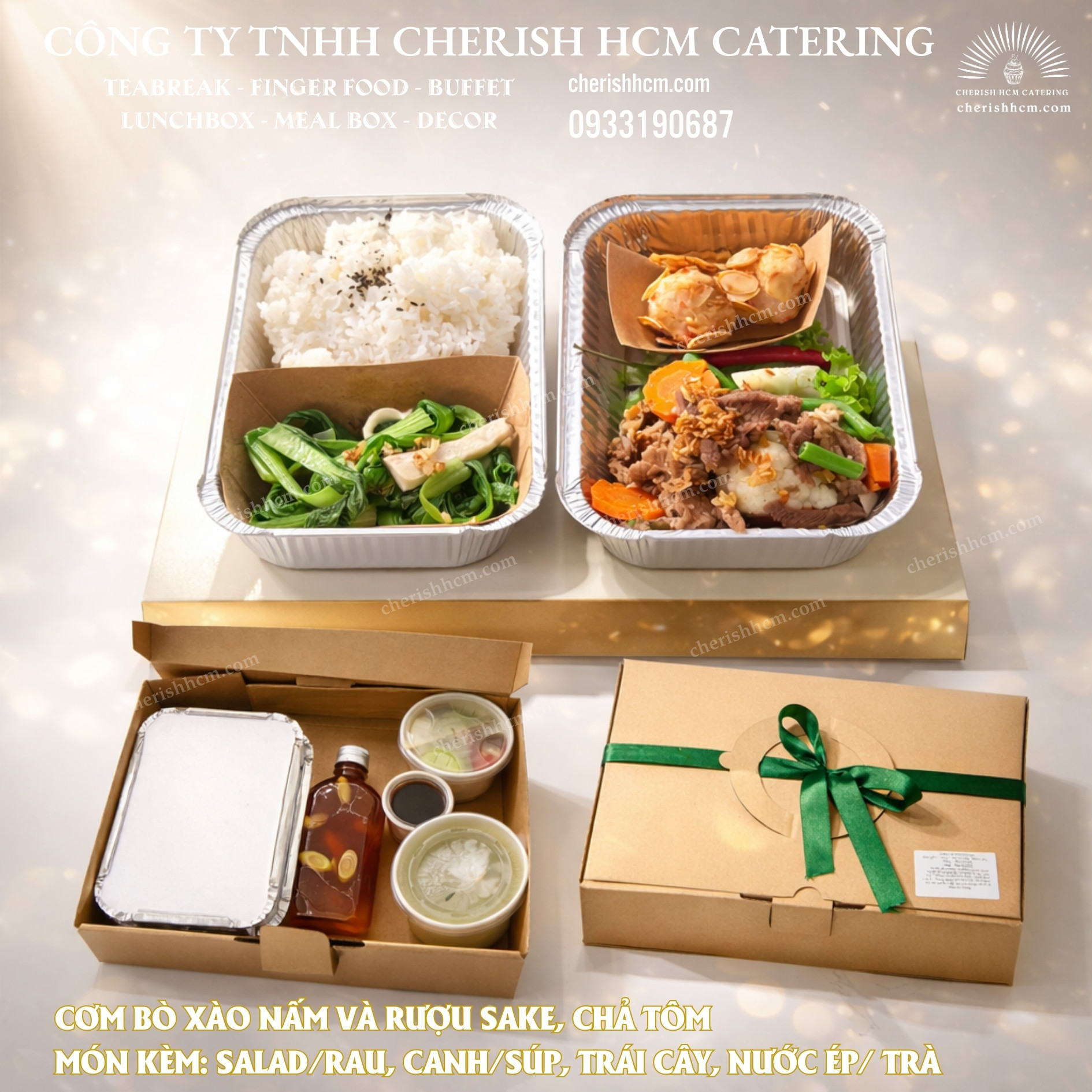 201125 Lunch box Fine- Cơm bò xào nấm và rượu sake, chả tôm/ Stir-fried beef with mushroom and shrimp patties with rice