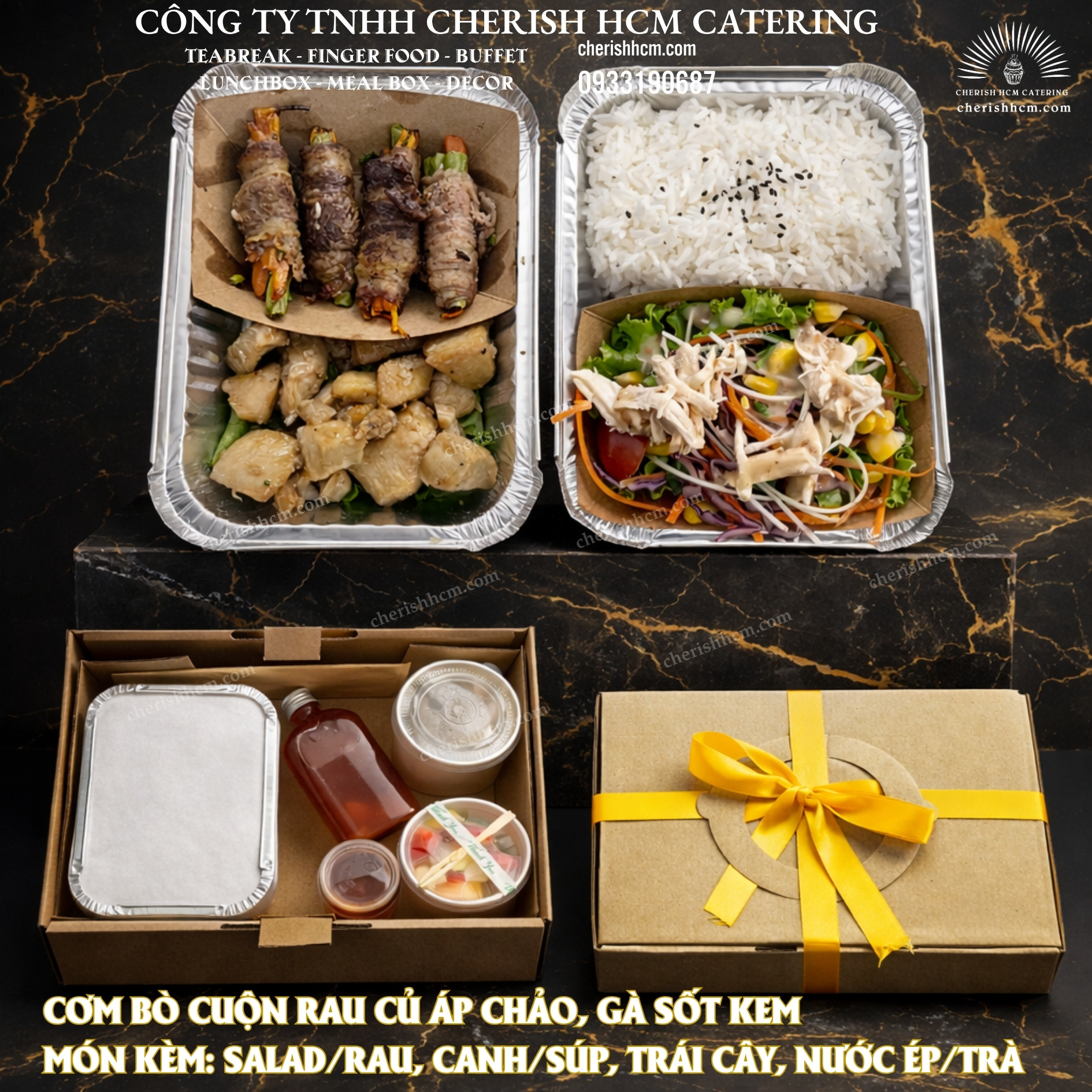 08426 Set Âu Cơm Bò cuộn rau củ áp chảo, Gà sốt kem