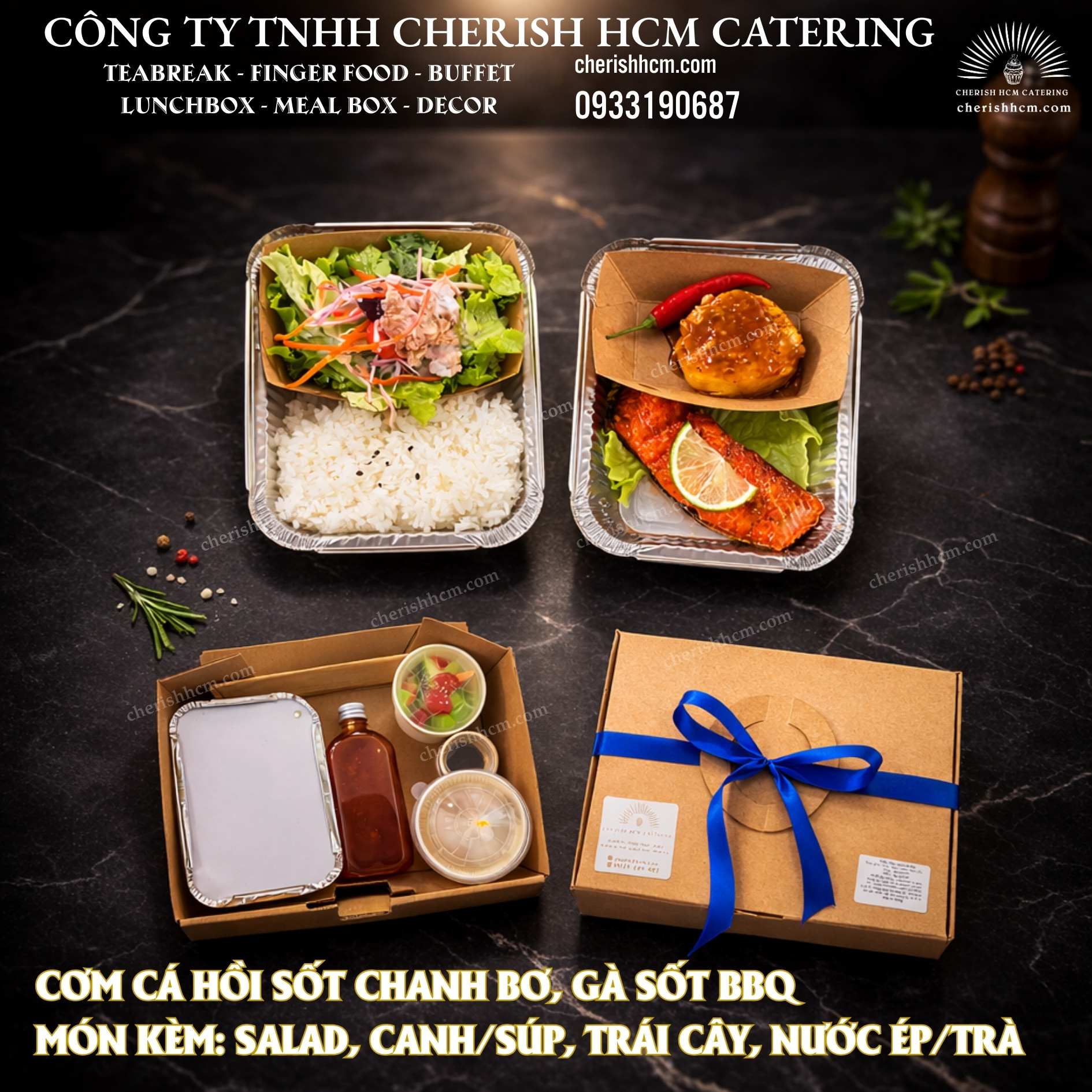 281125 Set Lunch Elite - Cơm Cá hồi sốt chanh bơ, gà sốt BBQ/Salmon with Lemon Butter Sauce, Chicken with BBQ Sauce and Rice