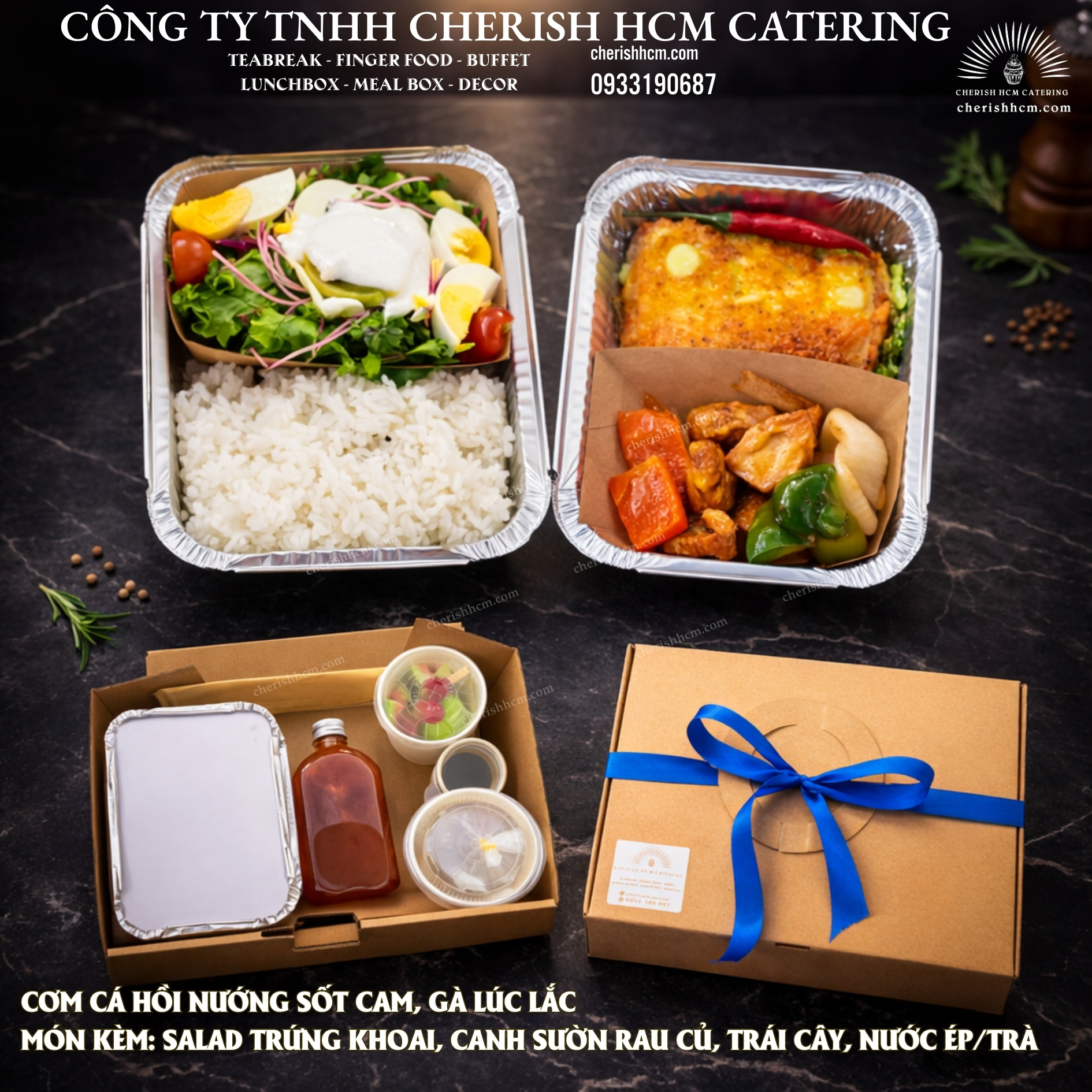 191125 Set Lunch Zestful- Cơm cá hồi nướng sốt cam, gà lúc lắc/ Grilled salmon with orange sauce, and stir fried chicken with rice