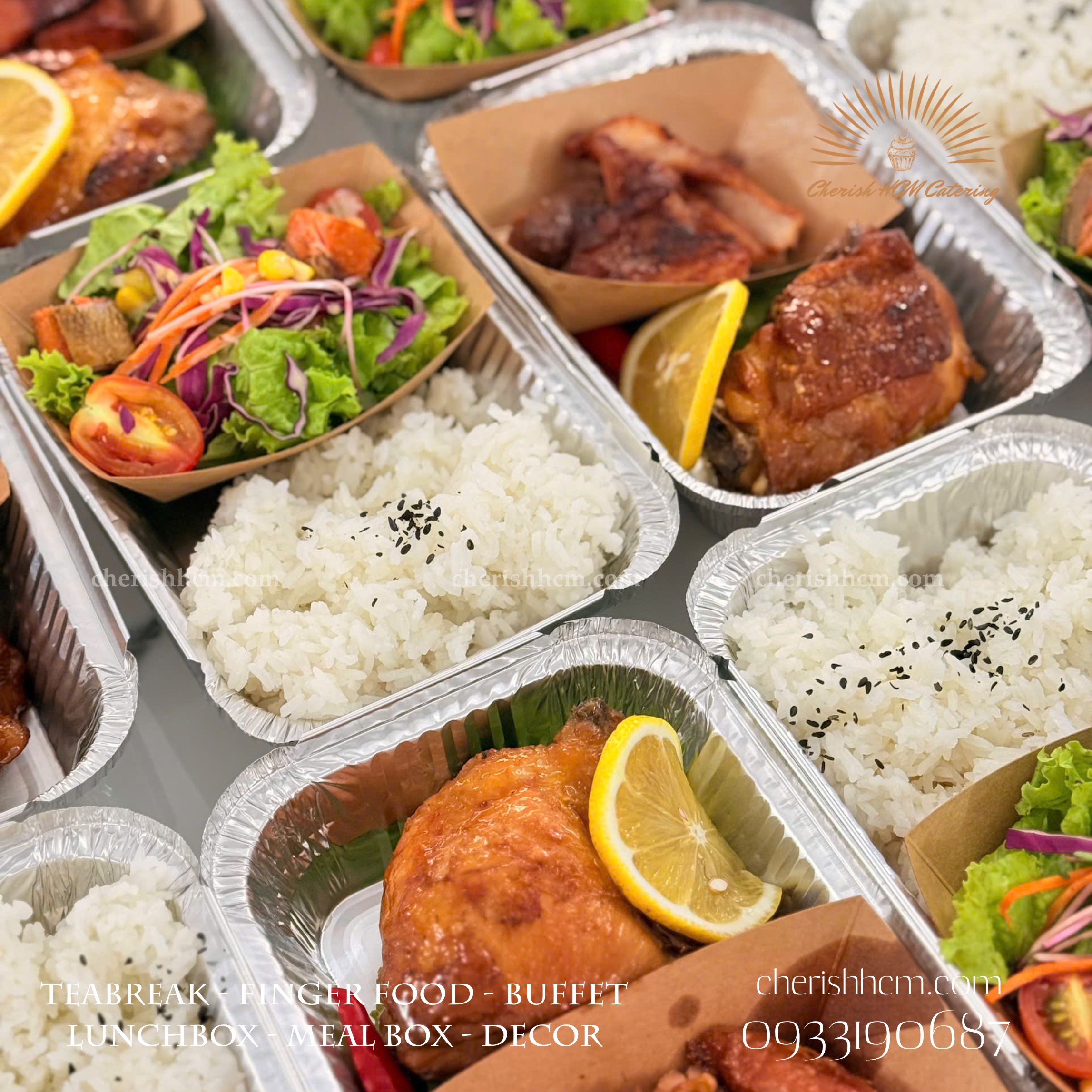 Lunch box Regional - Cơm gà nướng sốt chanh tỏi Địa Trung Hải, heo BBQ/ Mediterranean lemon–garlic grilled chicken rice, and BBQ pork