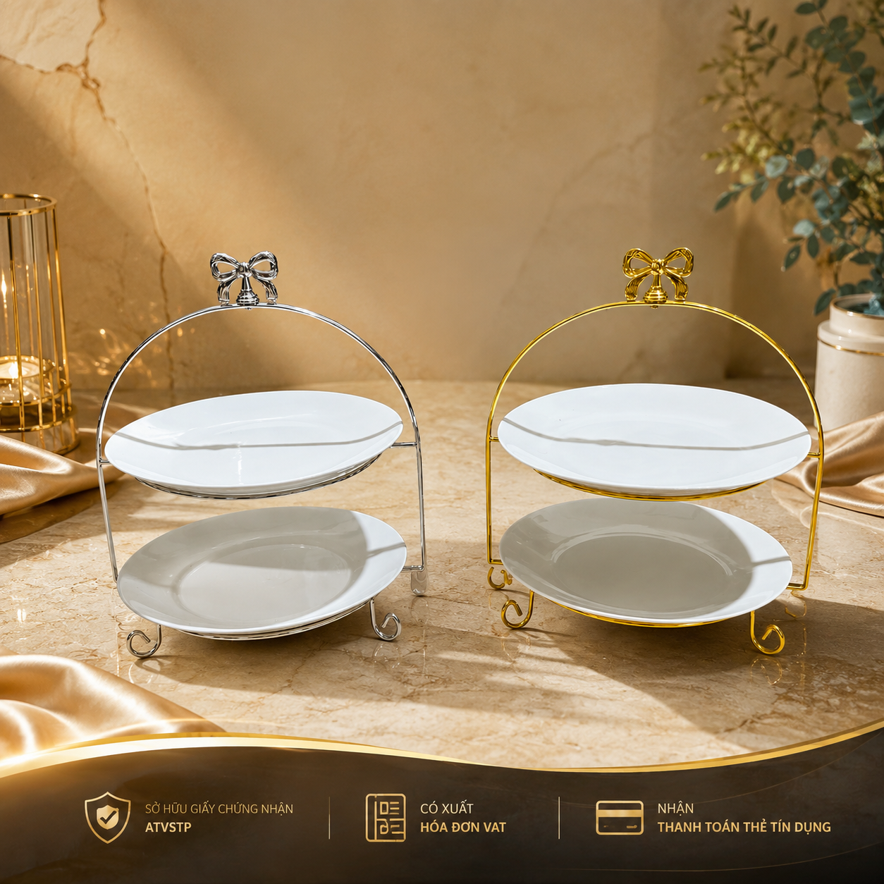 Khay Nơ Bạc/Vàng Gold 2 Tầng Đĩa Sứ Trưng Bày Tiệc