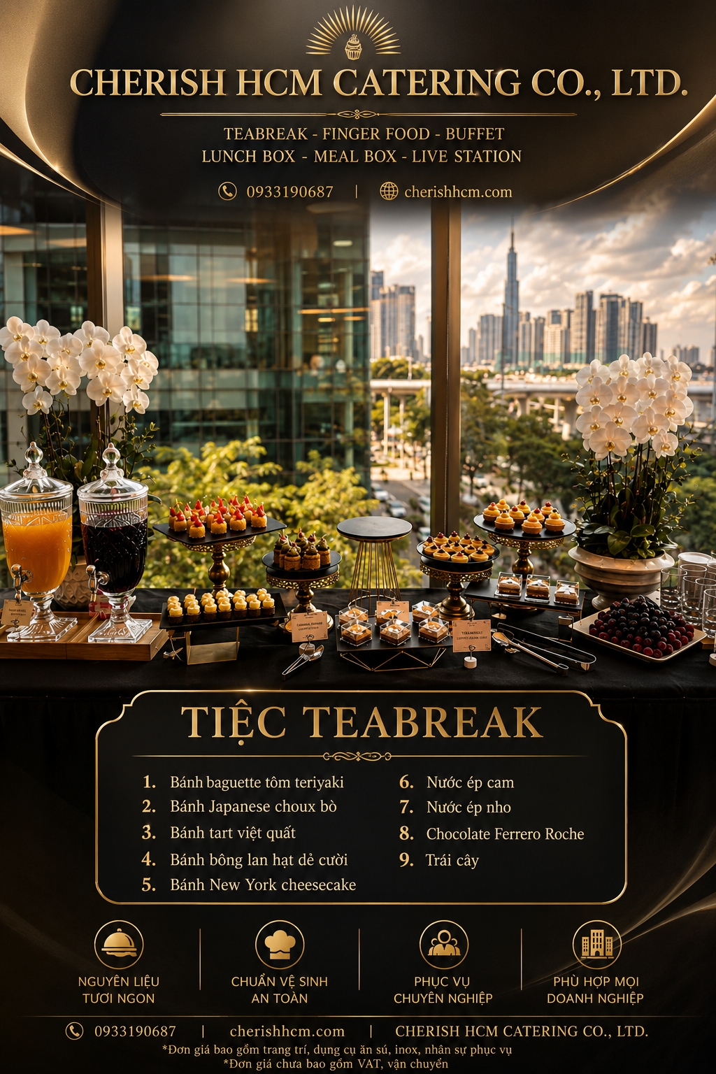 10726 Tiệc Teabreak 5 món bánh, Trái cây, 2 món nước -  Phù hợp từ 10 khách