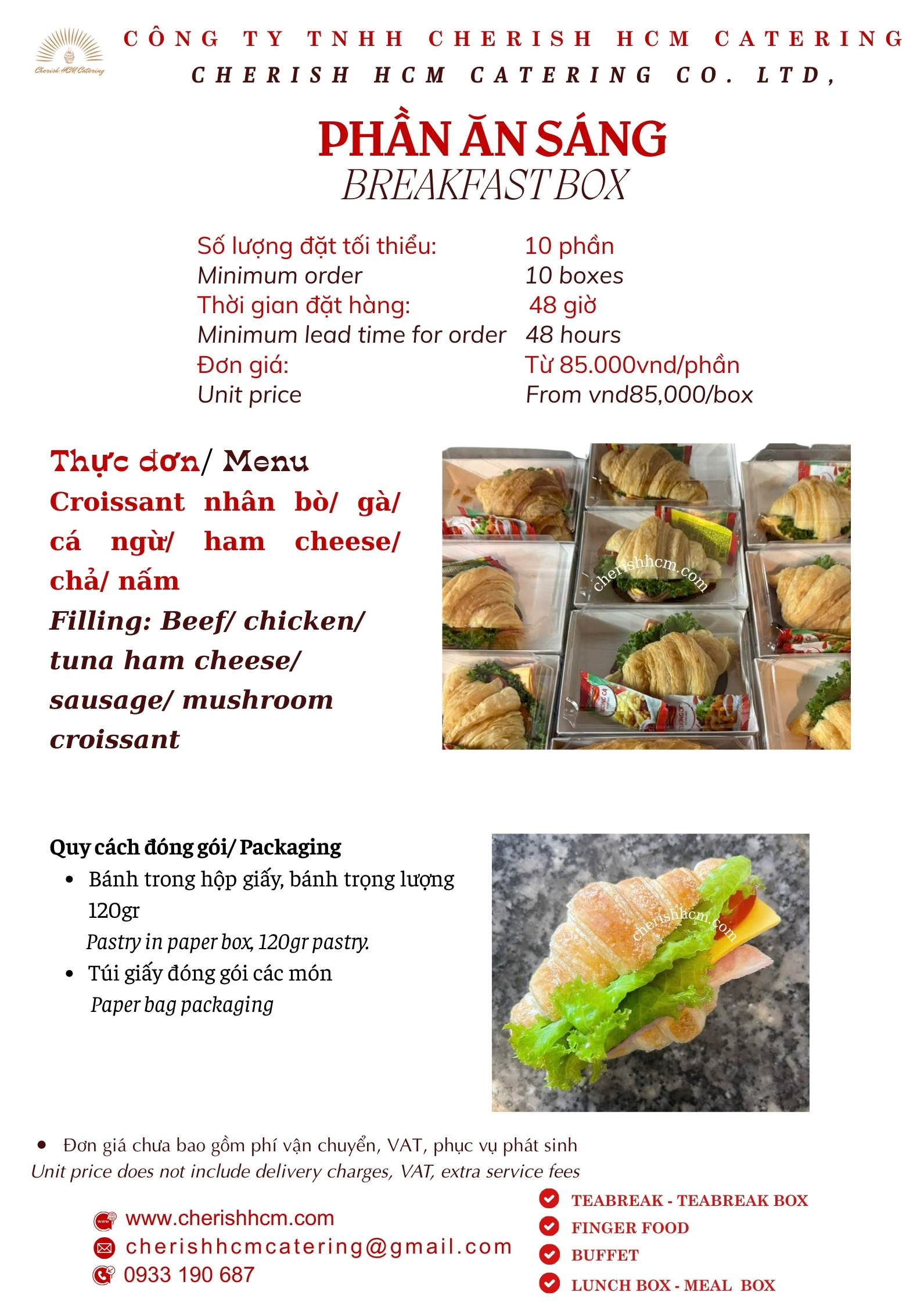 Breakfast box - Croissant nhân bò/gà/cá ngừ/ham cheese/nấm - Beef/chicken/tuna/ham cheese/mushroom croissant