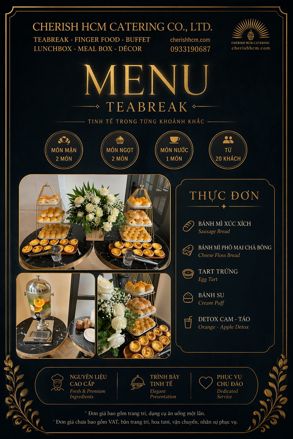 26823 Tiệc Teabreak 2 bánh mặn, 2 bánh ngọt, 1 nước - Thực đơn tiệc 20 khách