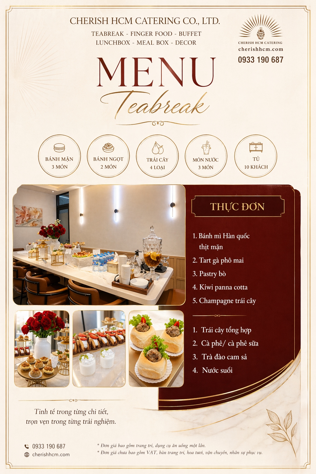 17426 Teabreak Seminar 3 bánh mặn, 2 bánh ngọt, Trái cây, 3 món nước phù hợp từ 10 khách