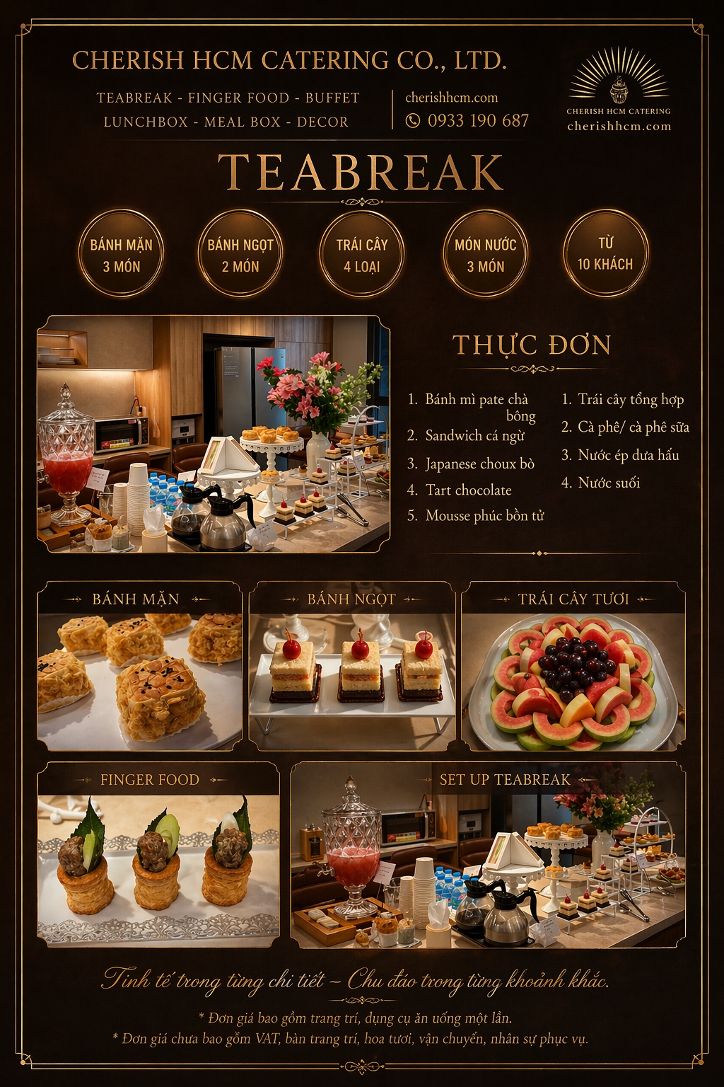 04426 Tiệc Teabreak 3 bánh mặn, 2 bánh ngọt, Trái cây, 3 món nước - Thực đơn tiệc 10 khách