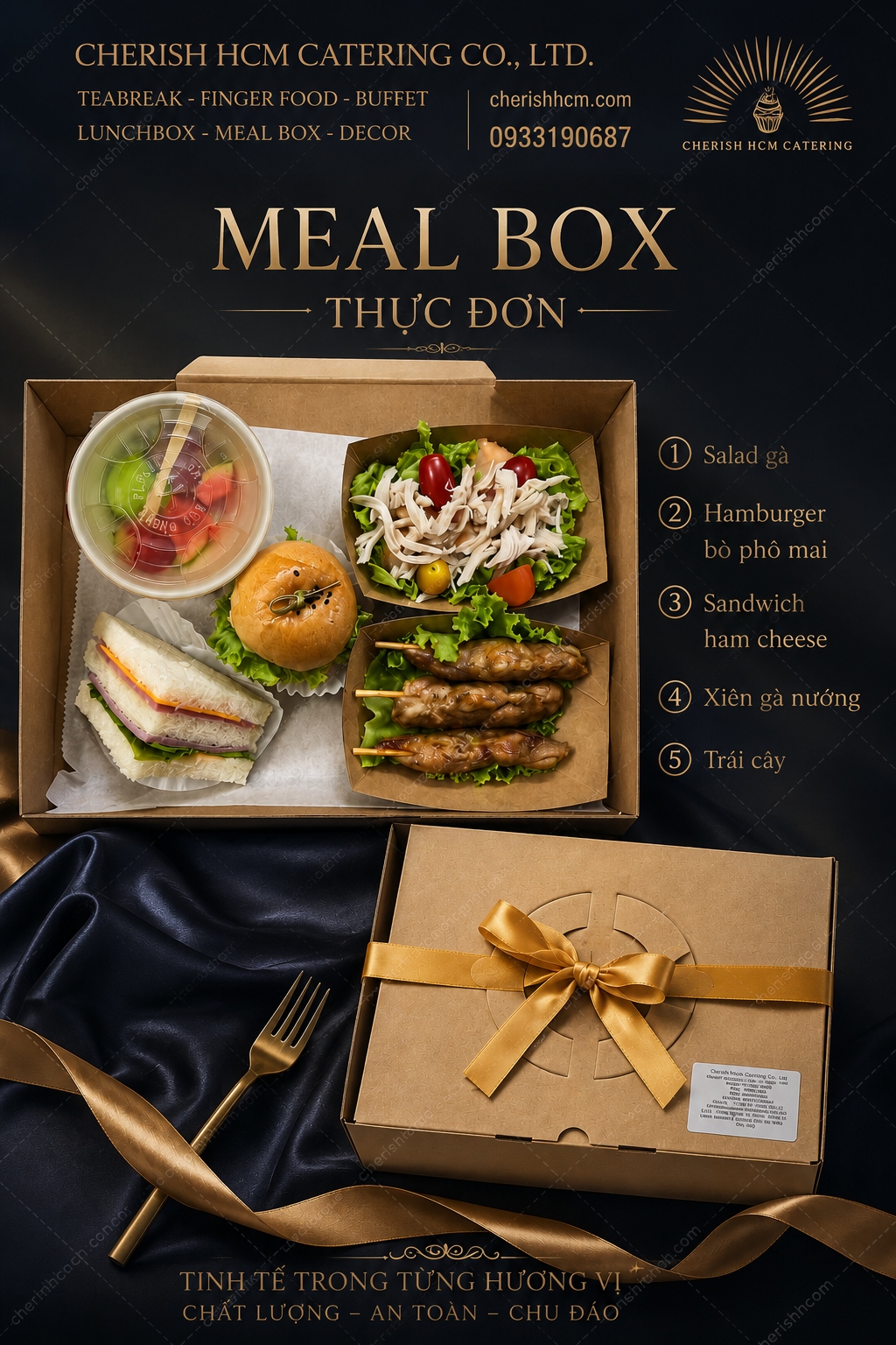 Meal box Drive Salad gà, Hamburger bò phô mai, Sandwich ham cheese, Gà xiên nướng, Trái cây
