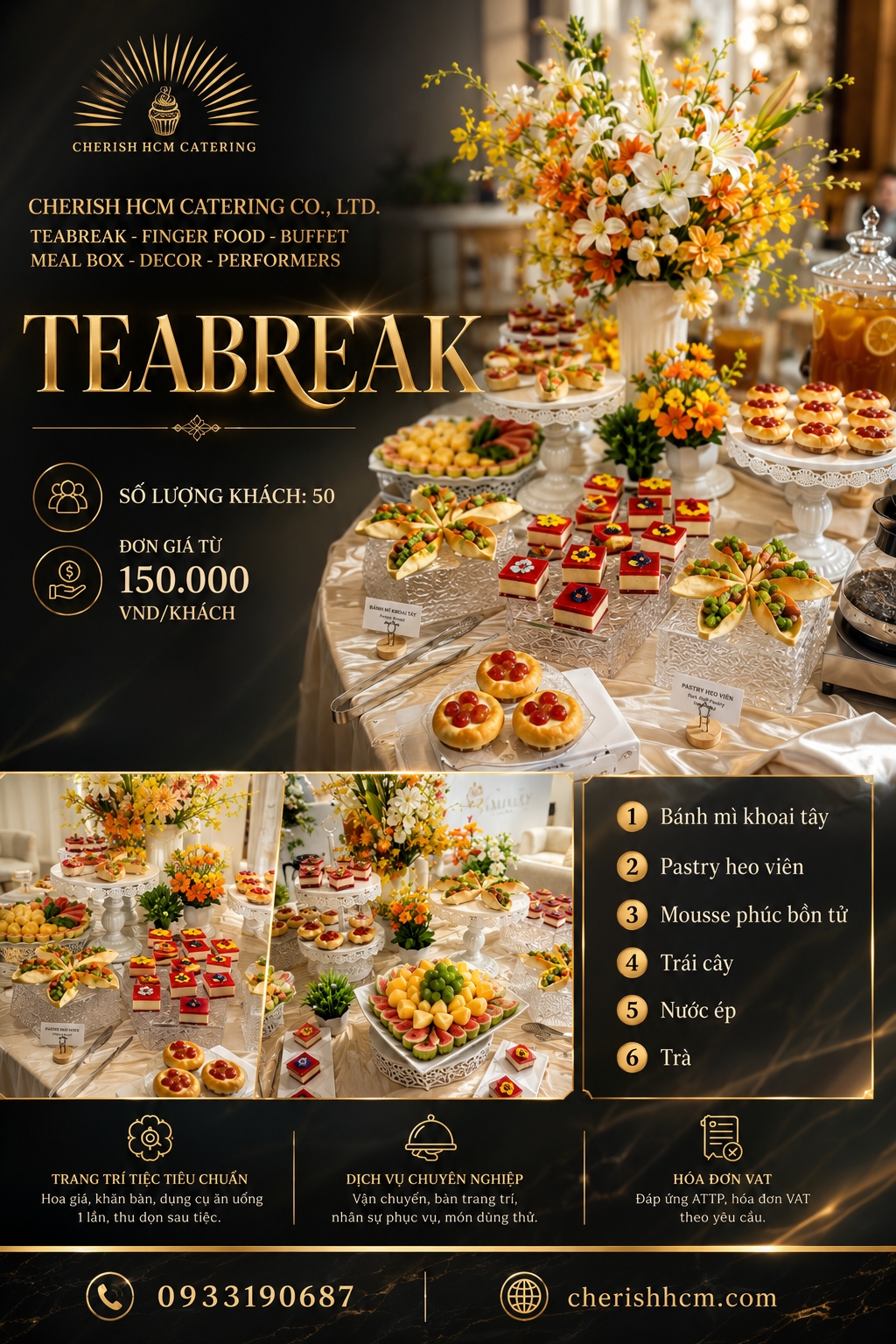 21726 Teabreak 3 món bánh, Trái cây, 2 món Nước - Phù hợp từ 50 khách