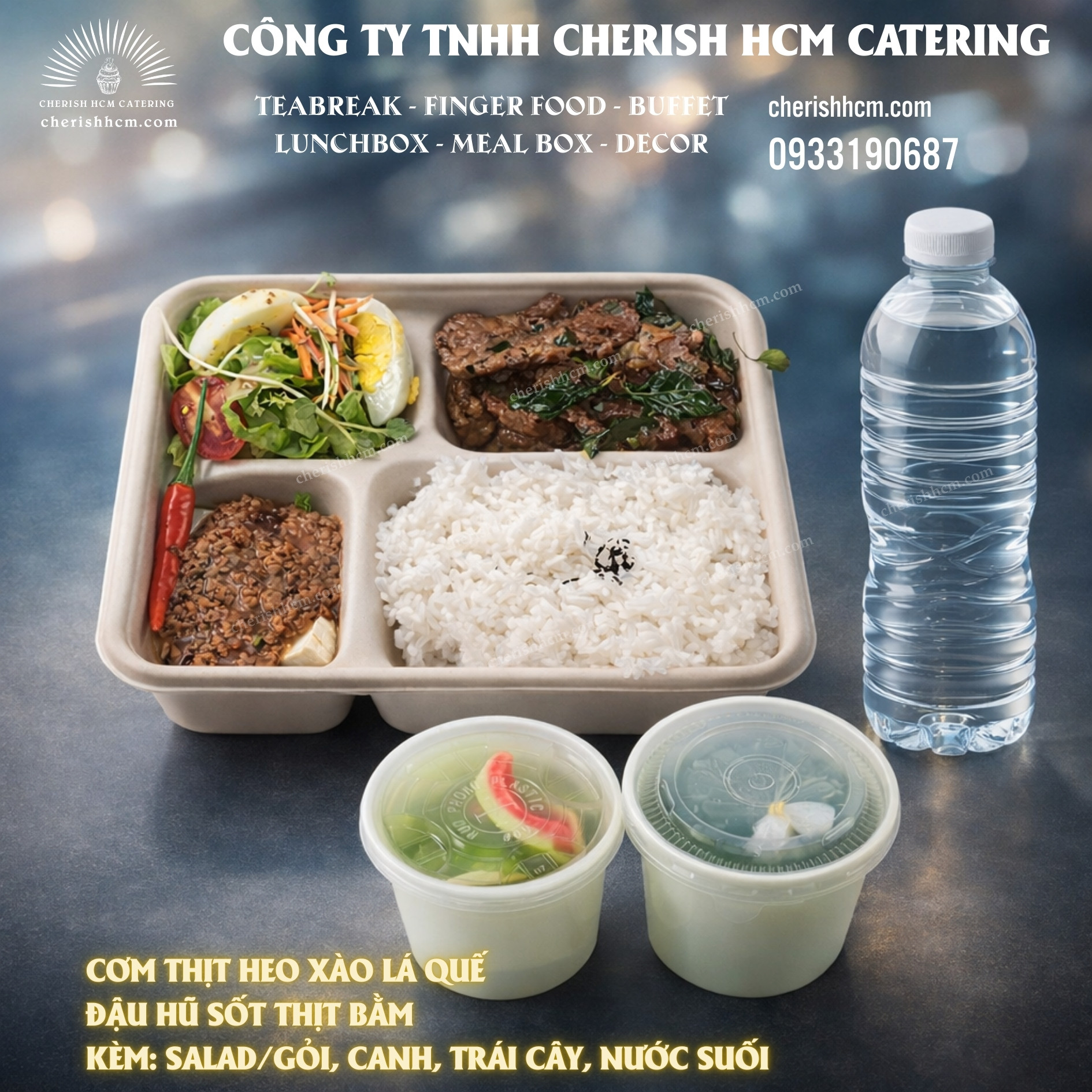 040226  Cơm thịt heo xào lá quế, đậu hũ sốt thịt bằm