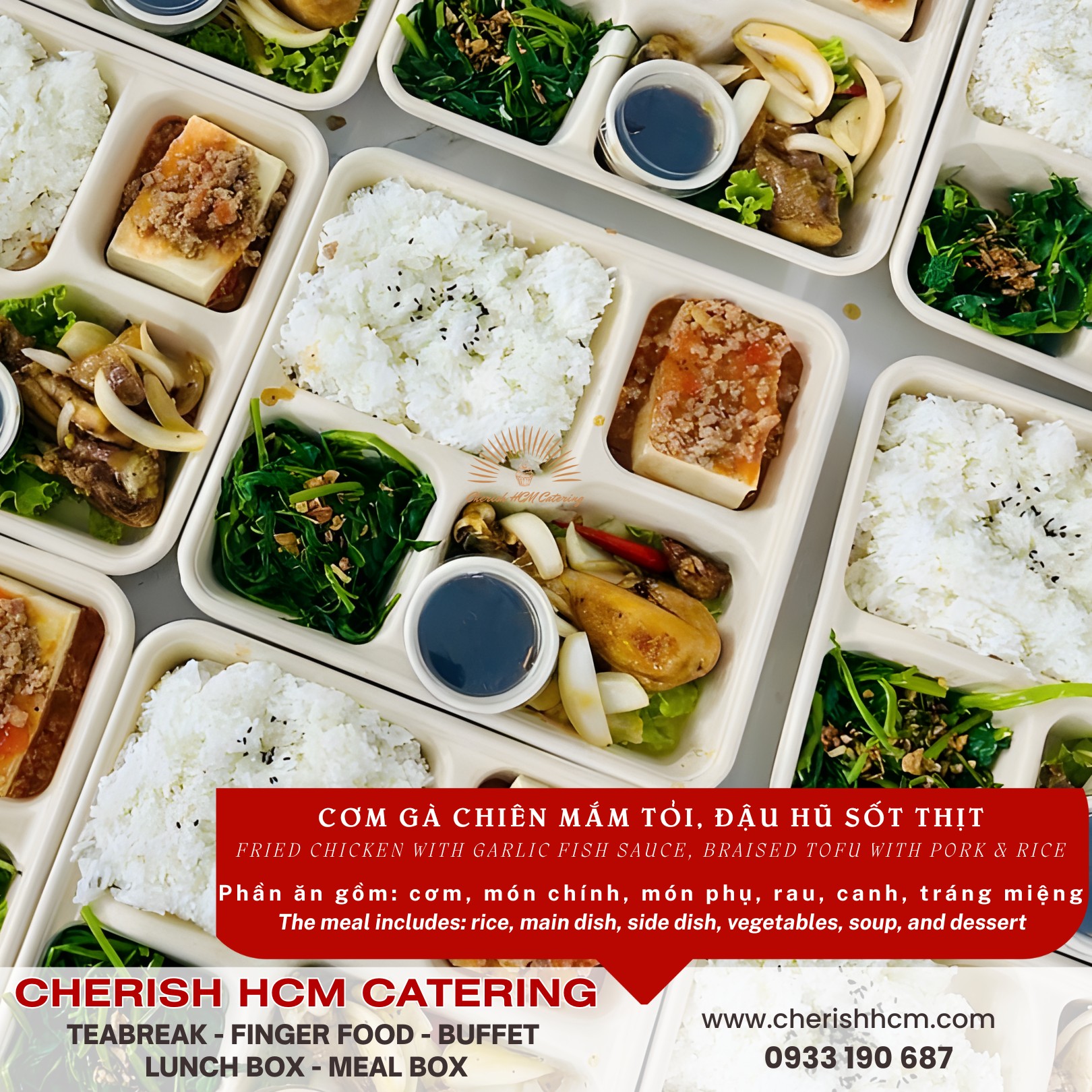 Lunch box - Cơm Gà chiên mắm tỏi, đậu hũ sốt thịt bằm/Fried Chicken with Garlic Fish Sauce, Braised Tofu with Pork & Rice