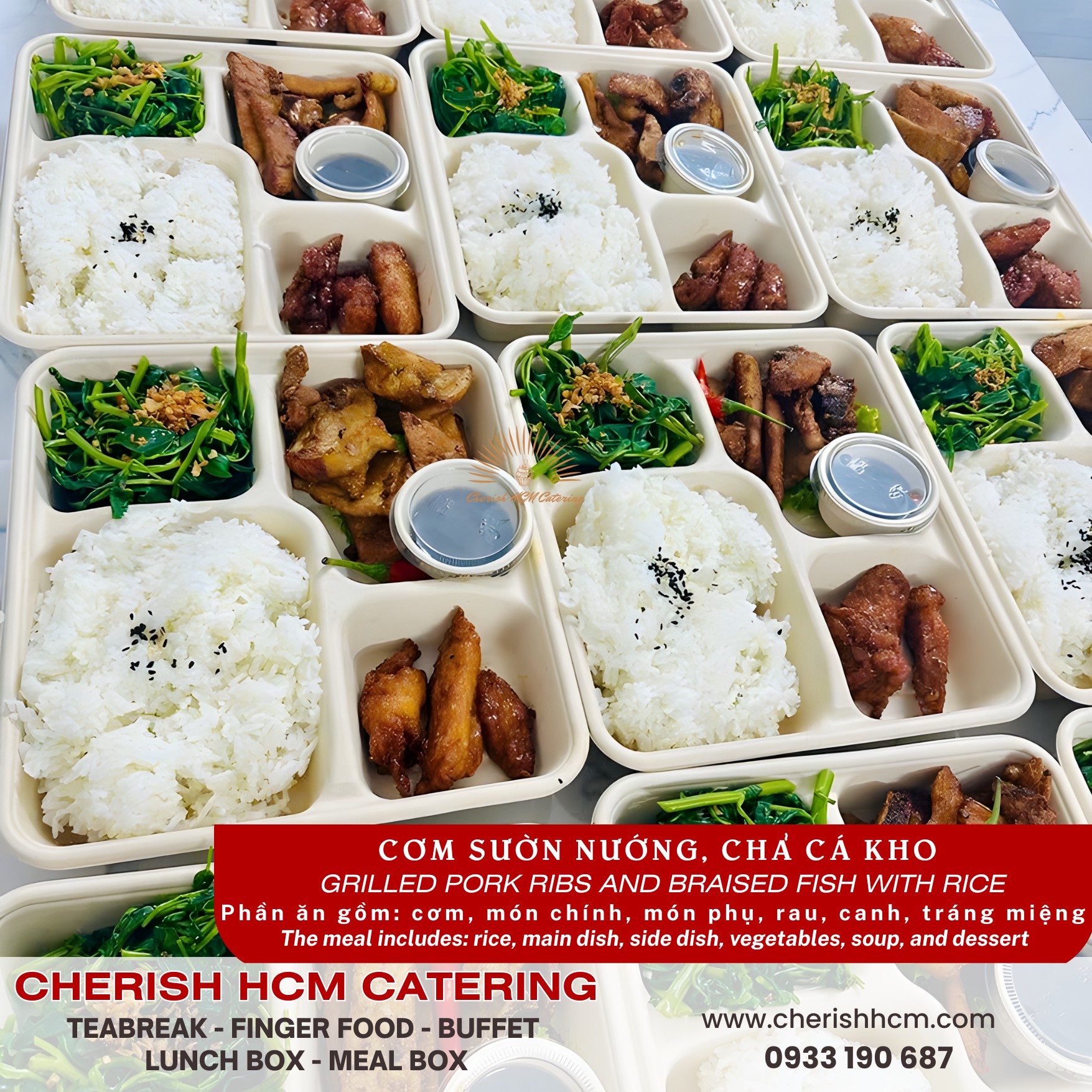 Lunch box - Cơm Sườn nướng, chả cá kho/ Grilled Pork Ribs and Braised Fish with Rice
