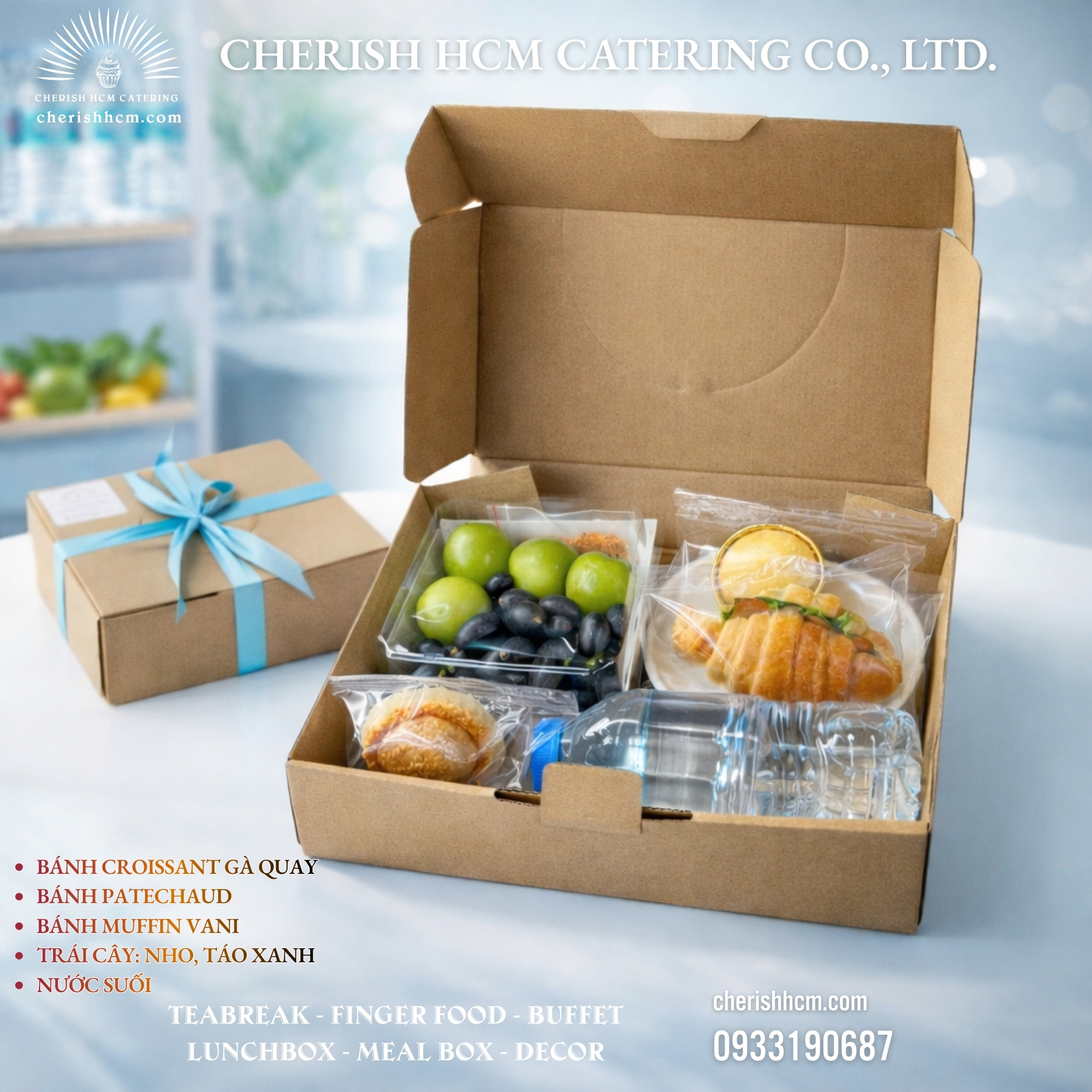 22525 Teabreak Box - Associate Box Bánh mặn, ngọt, trái cây, nước/ Savory pastry, Sweet pastry, fruits, drink