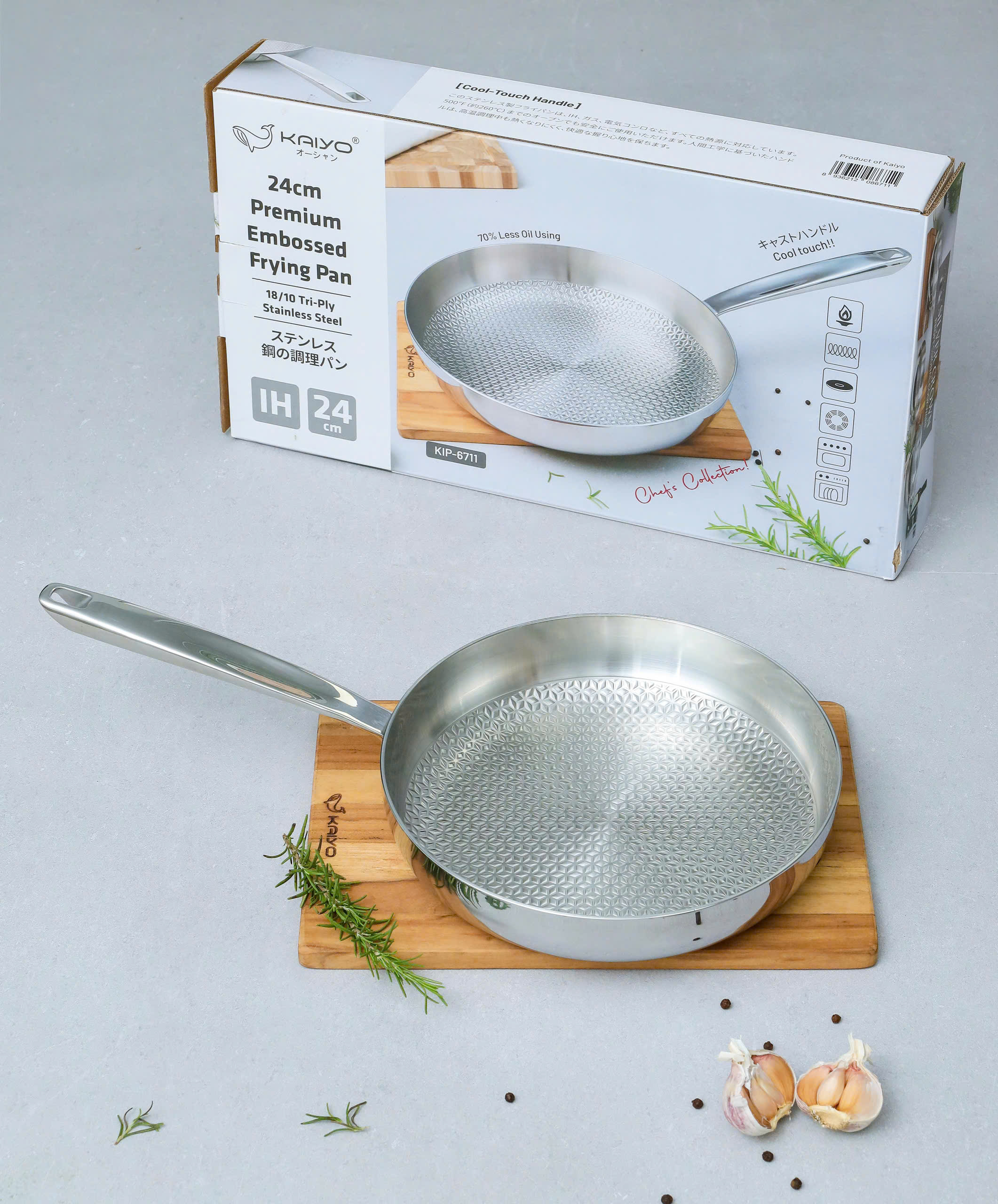 Chảo đúc inox 3 lớp thân đáy liền dập nổi Kaiyo, dáng cạn size 24cm [mã KIP-6711]