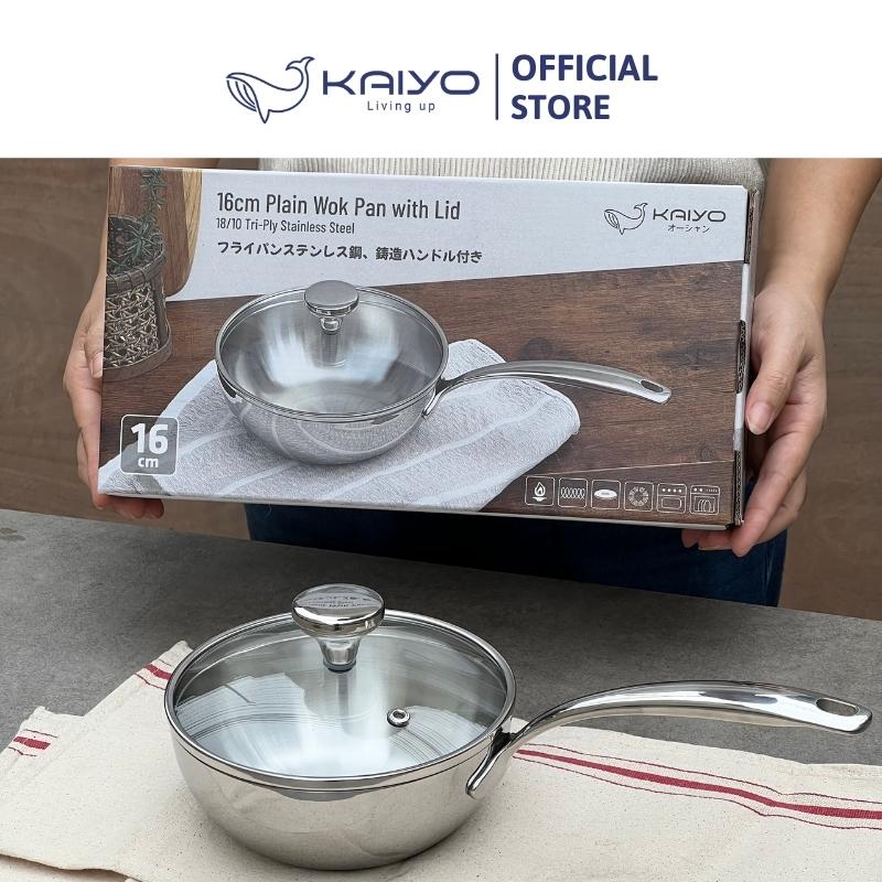 Chảo đúc inox sâu lòng 3 lớp đáy liền Tri-Ply Kaiyo size 16cm, có vung kính