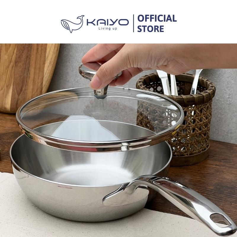 Chảo đúc inox sâu lòng 3 lớp đáy liền Tri-Ply Kaiyo size 16cm, có vung kính