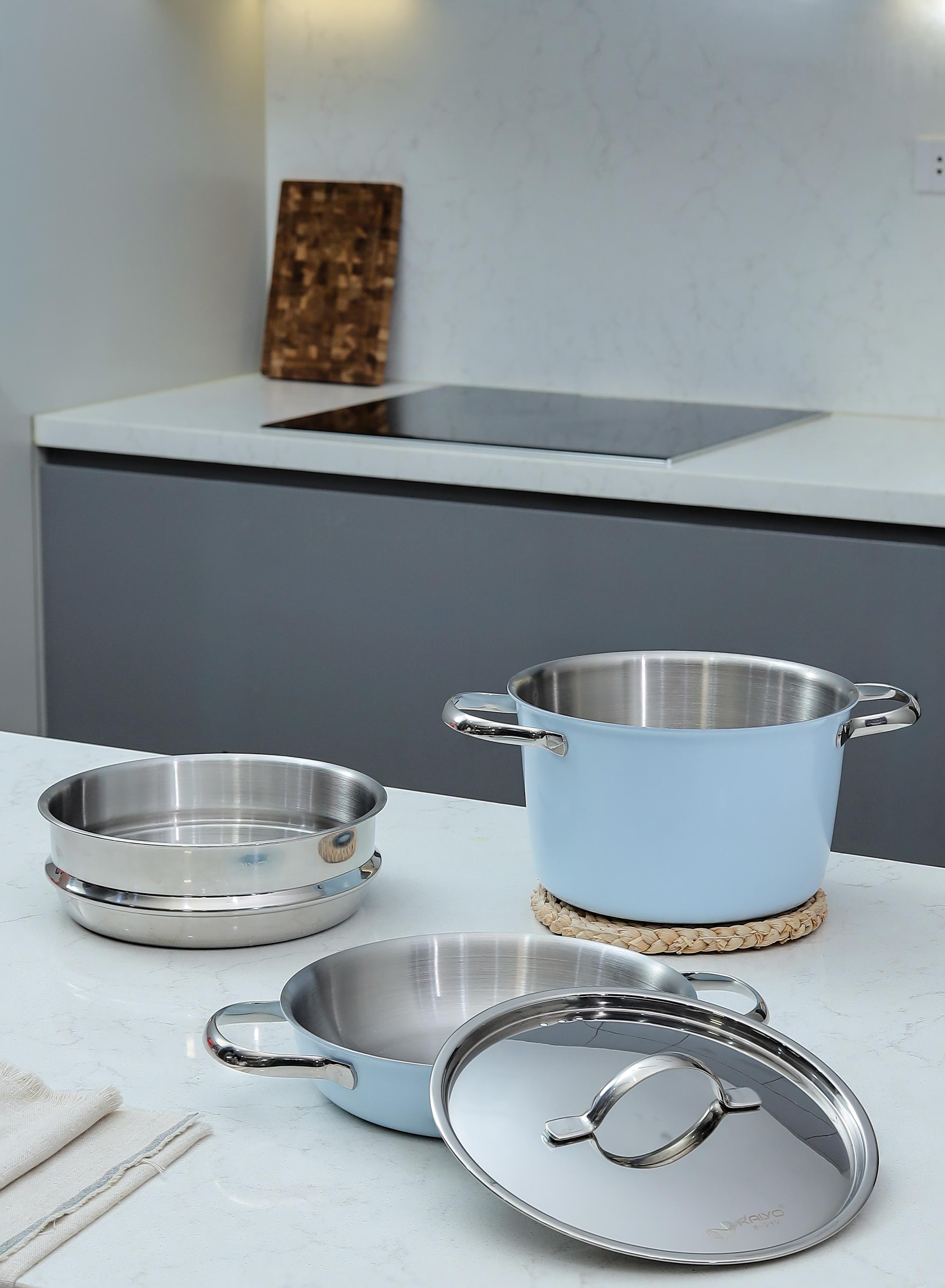 Bộ nồi, chảo, xửng inox 304 Stackable Kaiyo, size 20cm, màu xanh [mã KSC-1600]