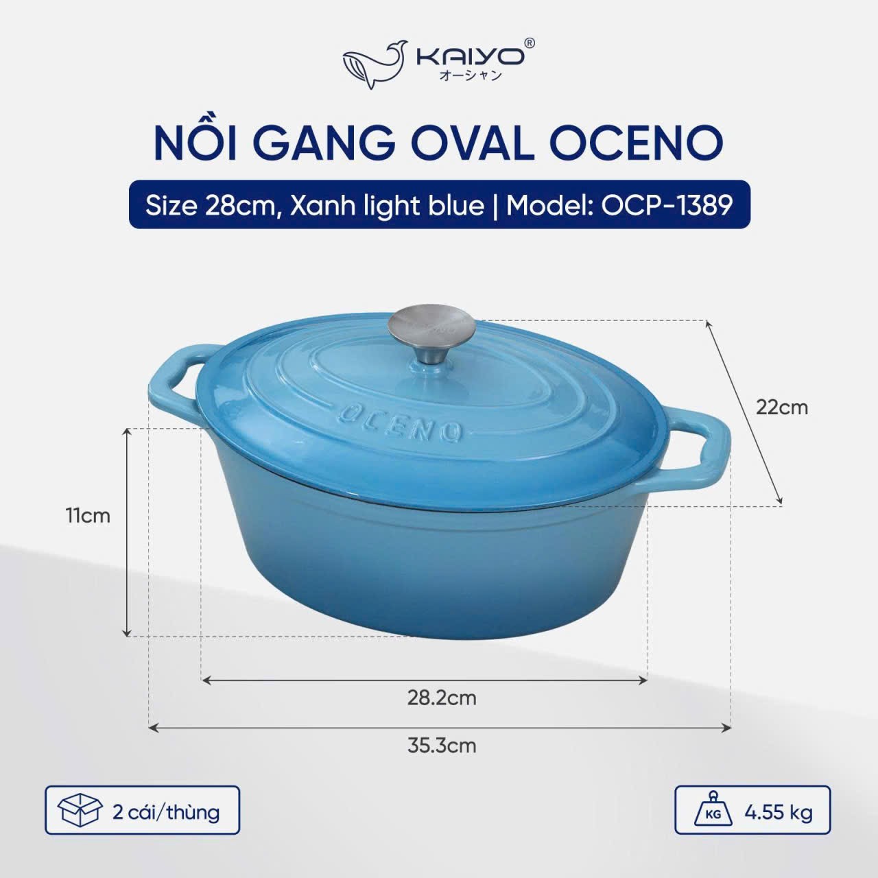 Nồi gang oval Oceno, size 28cm, màu xanh light blue [mã OCP-1389]
