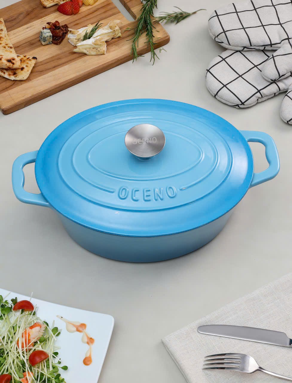 Nồi gang oval Oceno, size 28cm, màu xanh light blue [mã OCP-1389]