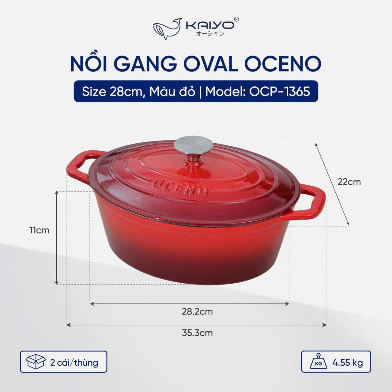 Nồi gang oval Oceno, size 28cm, màu đỏ [mã OCP-1365]