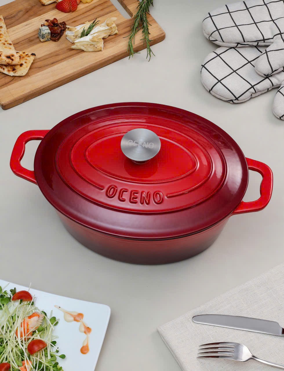 Nồi gang oval Oceno, size 28cm, màu đỏ [mã OCP-1365]