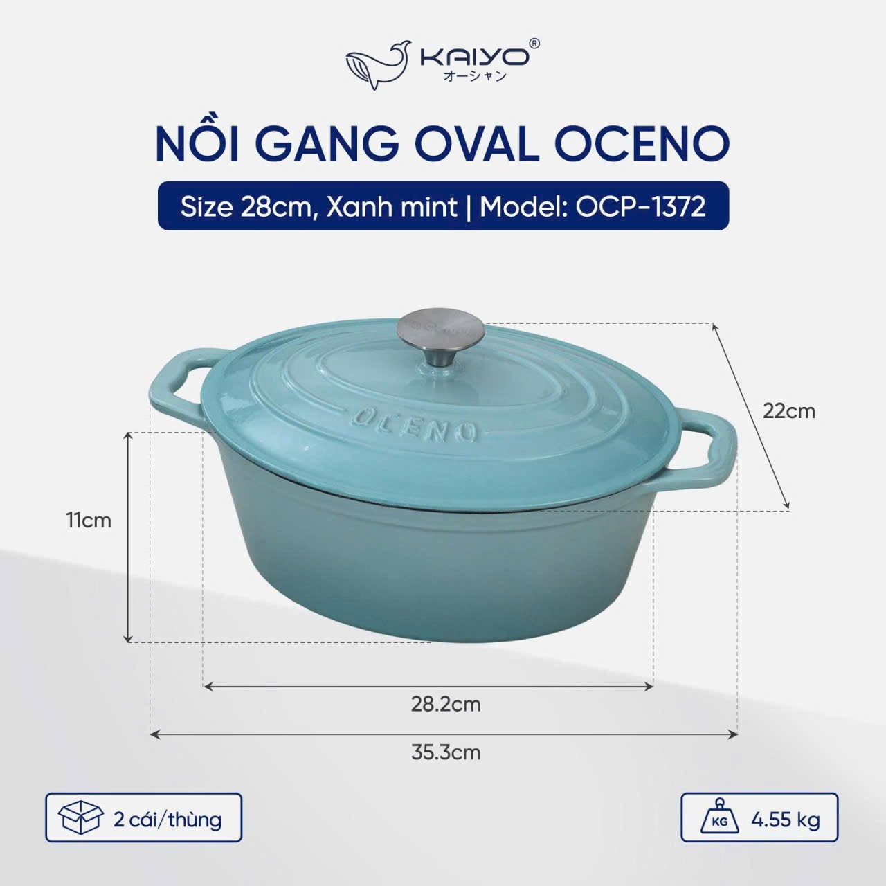 Nồi gang oval Oceno, size 28cm, màu xanh mint [mã OCP-1372]