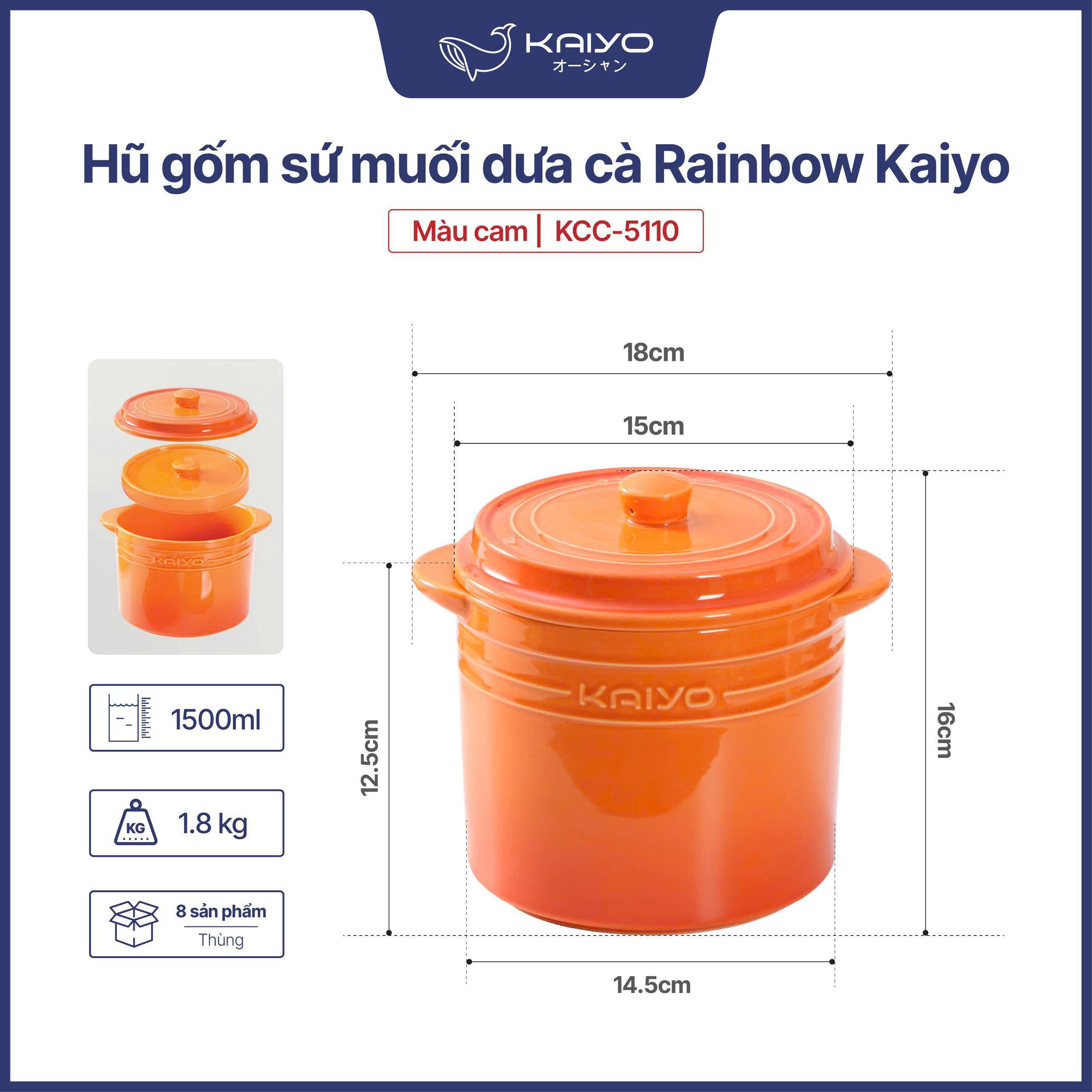 Hũ gốm muối dưa cà, đựng mỡ lợn cầu vồng Kaiyo 1.5L - Màu Cam