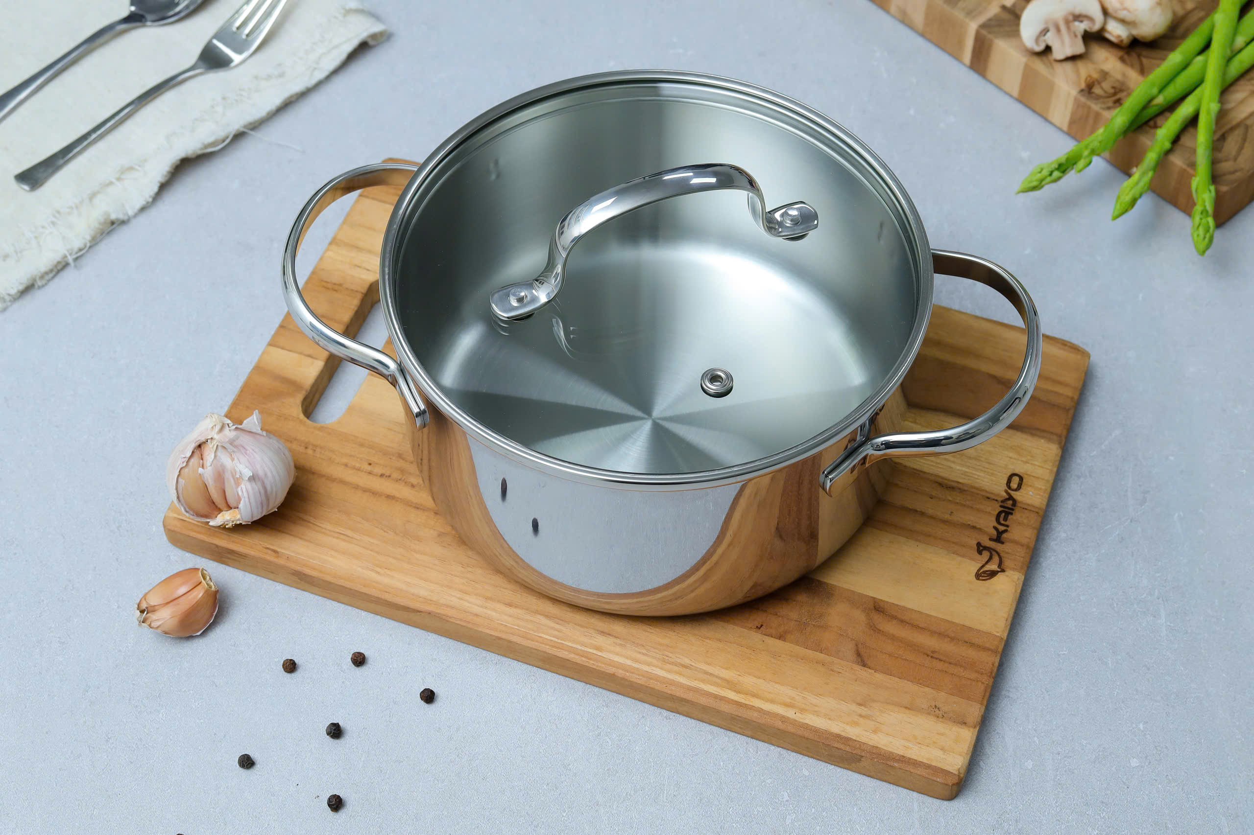 Nồi inox thân đáy liền Try-Ply Kaiyo, vung kính, size 18cm (Classic Pro) [KIC-6834]