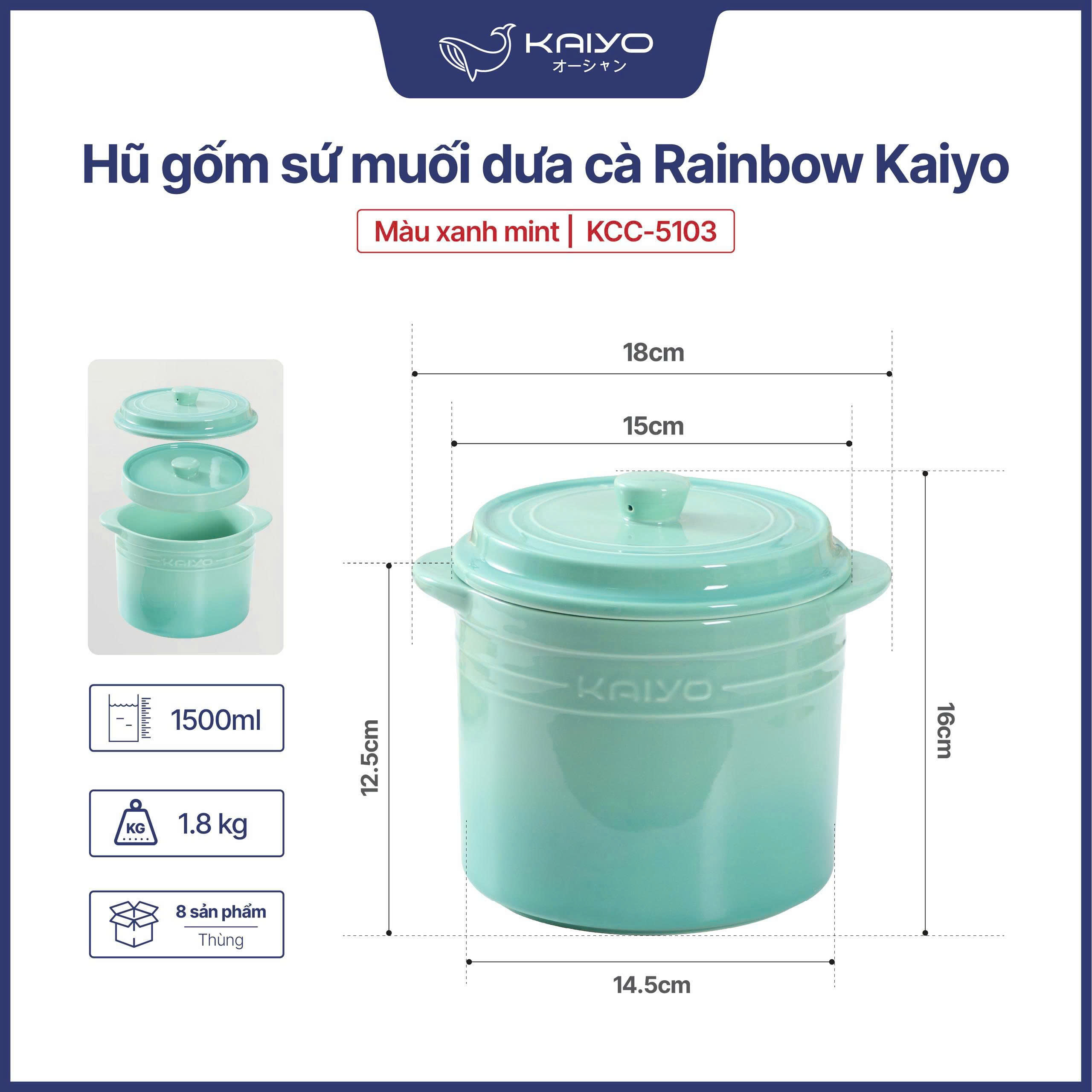 Hũ gốm muối dưa cà, đựng mỡ lợn cầu vồng Kaiyo 1.5L - Màu Xanh
