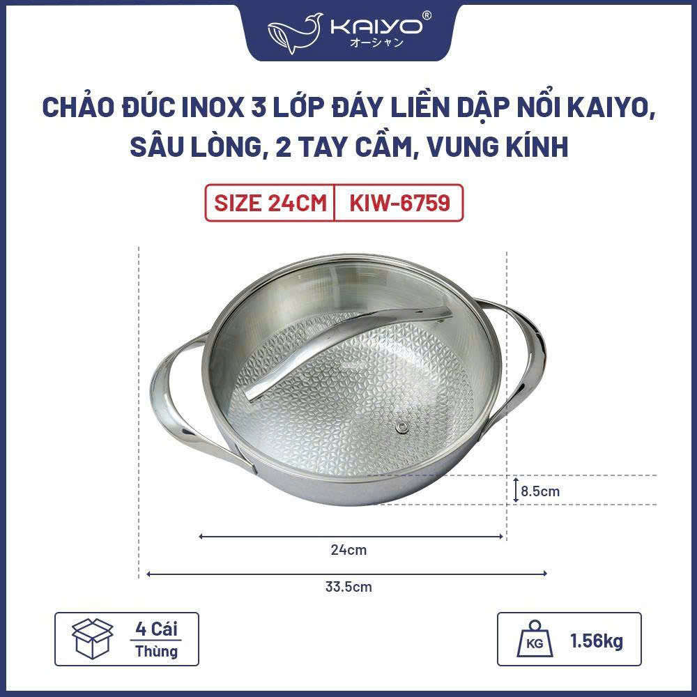 Chảo đúc inox 3 lớp đáy liền dập nổi Kaiyo sâu lòng, 2 tay cầm, vung kính size 24cm [mã KIW-6759]